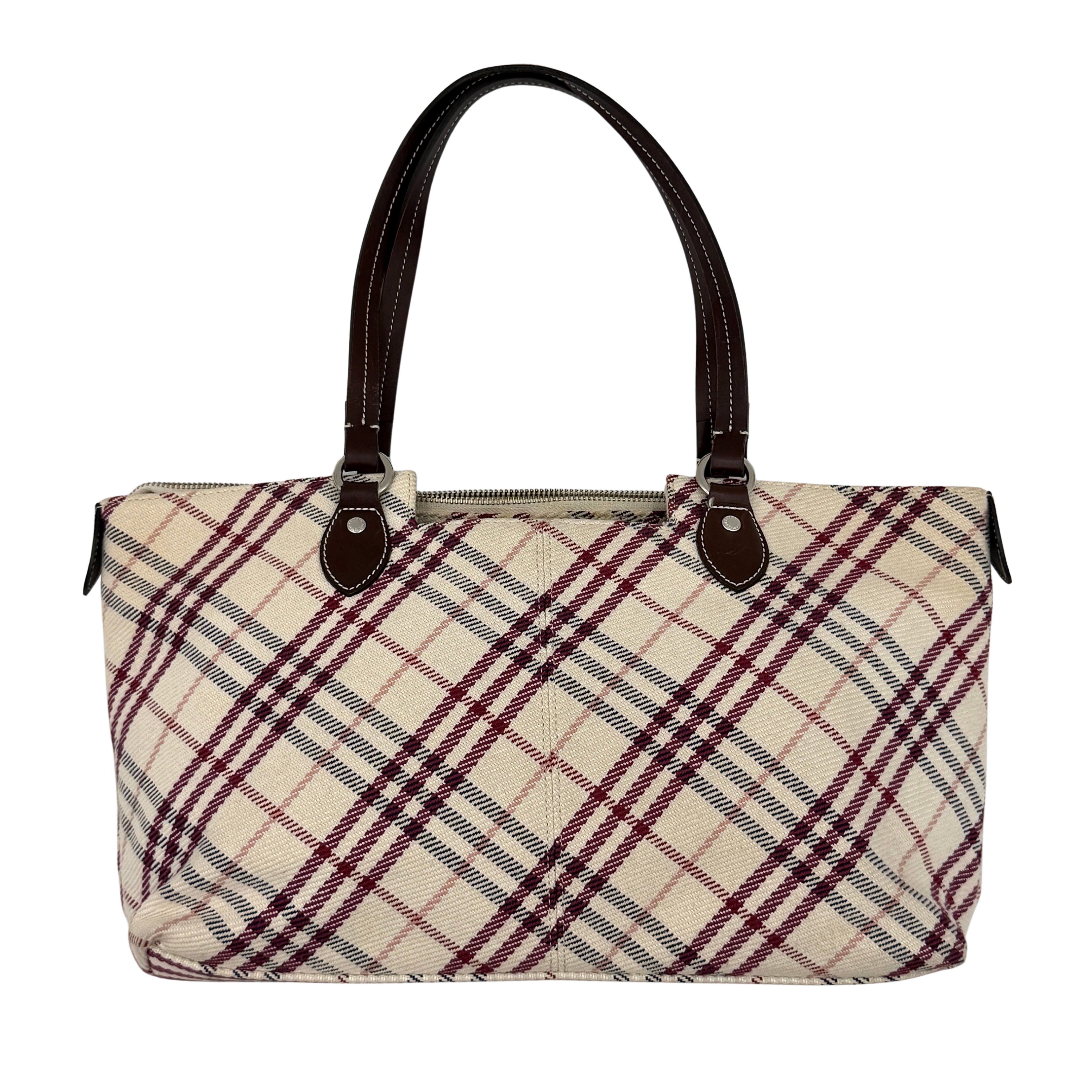 Burberry Nova Check Shoulder Bag in beige with iconic check pattern and dual dark leather straps.