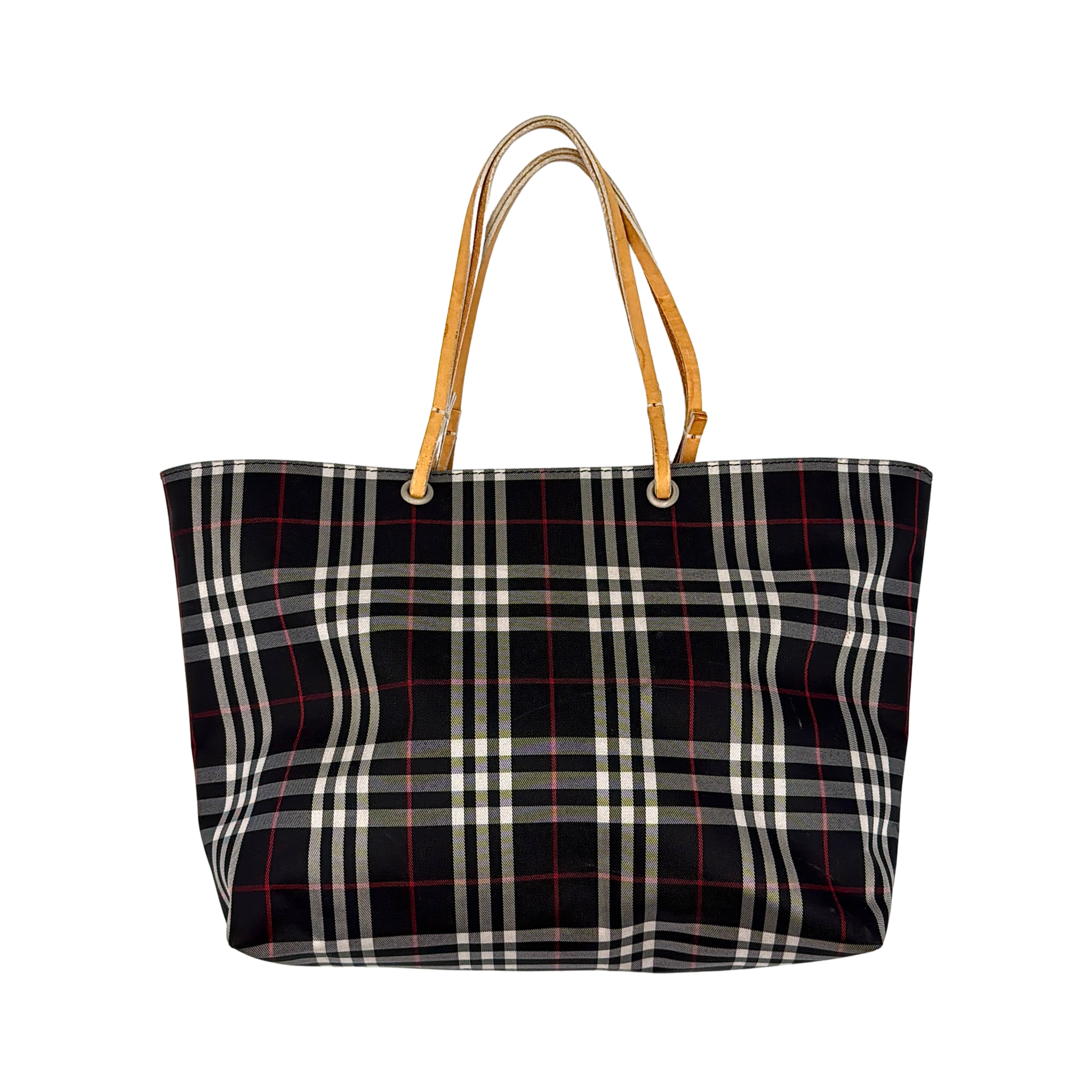 Burberry Nova Check tote bag in multicolor plaid with tan leather shoulder straps, shown front and side angles.