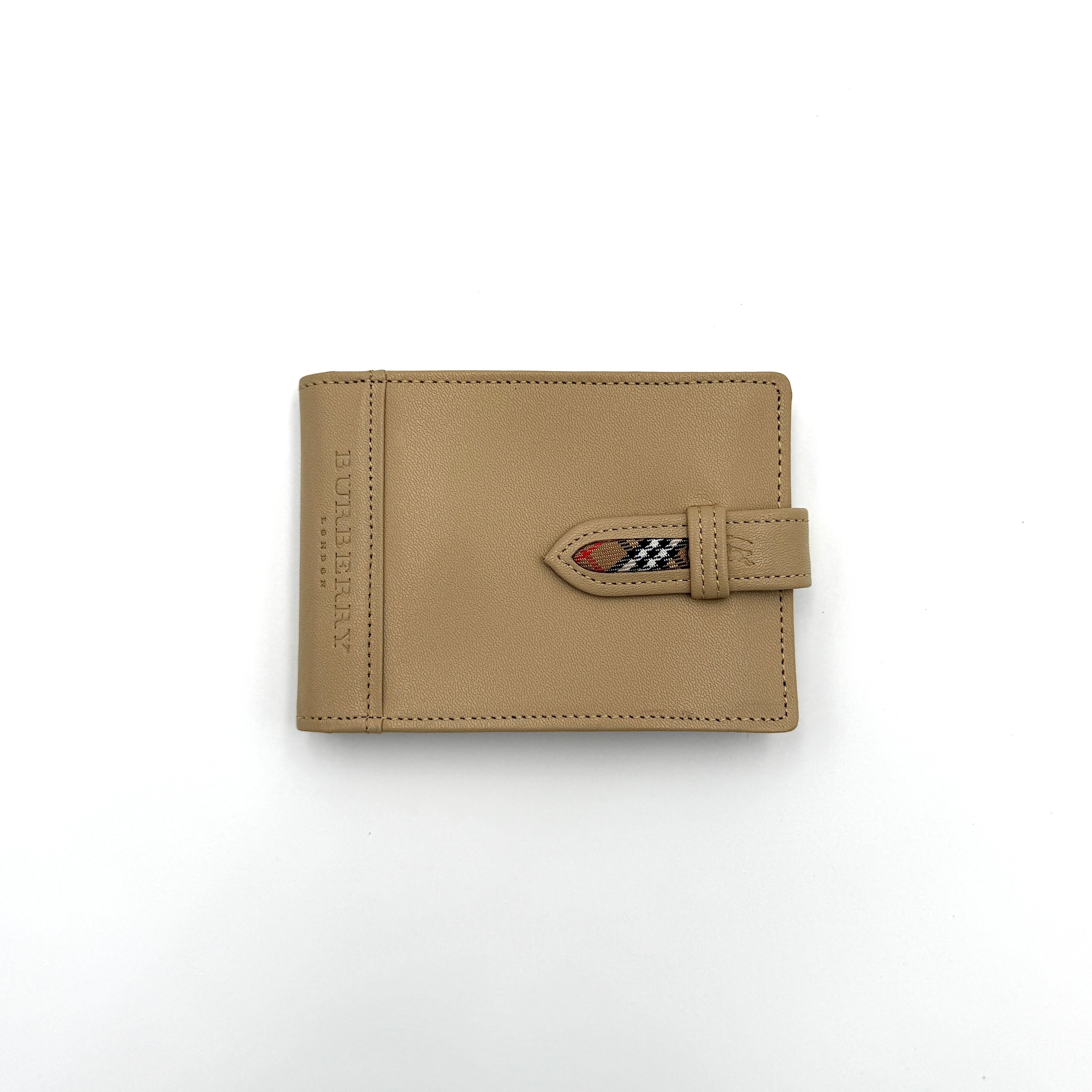 Burberry Nova Check wallet in beige with iconic pattern, multiple compartments, and sleek design viewed from various angles.