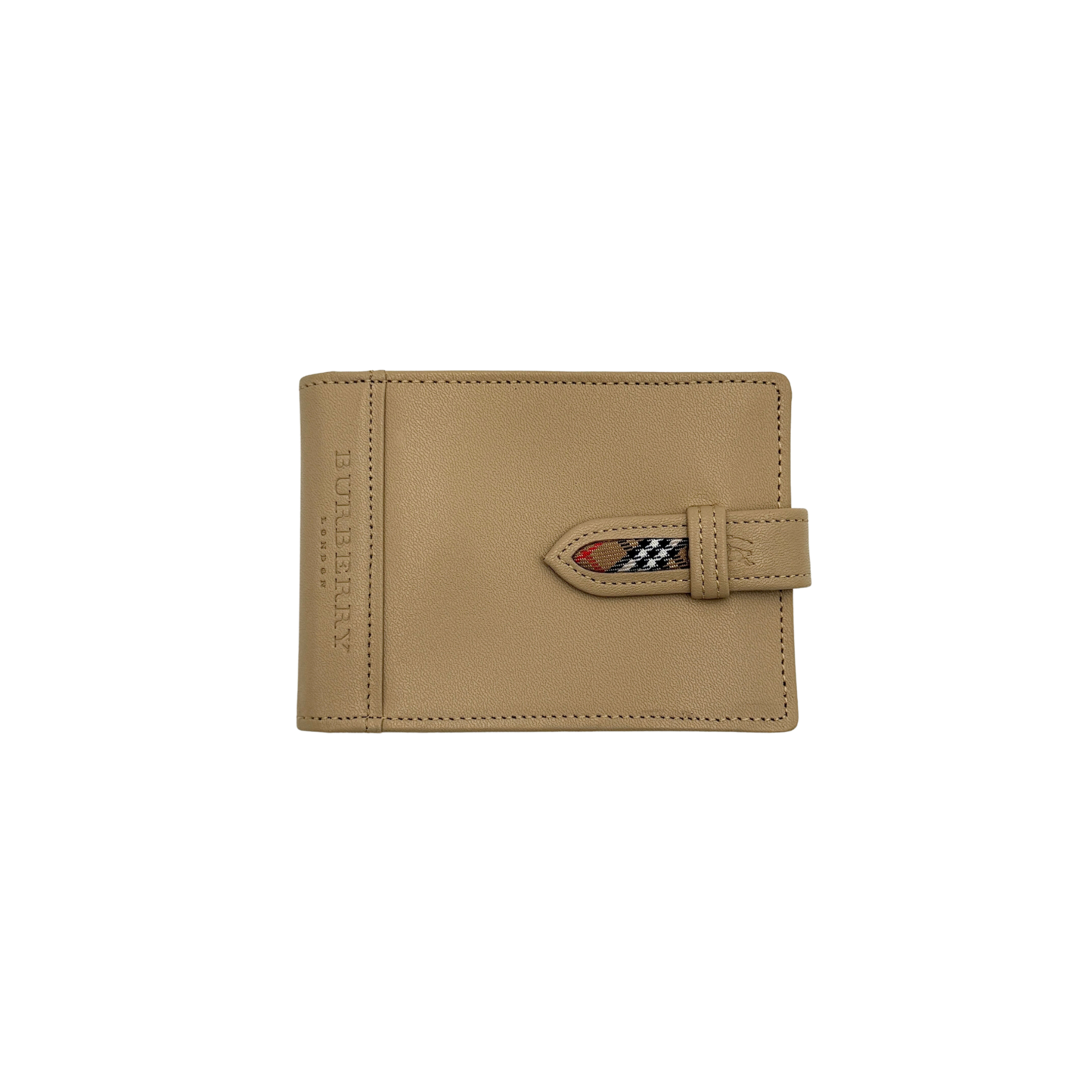 Burberry Nova Check beige wallet with signature design, snap closure, and internal compartments.