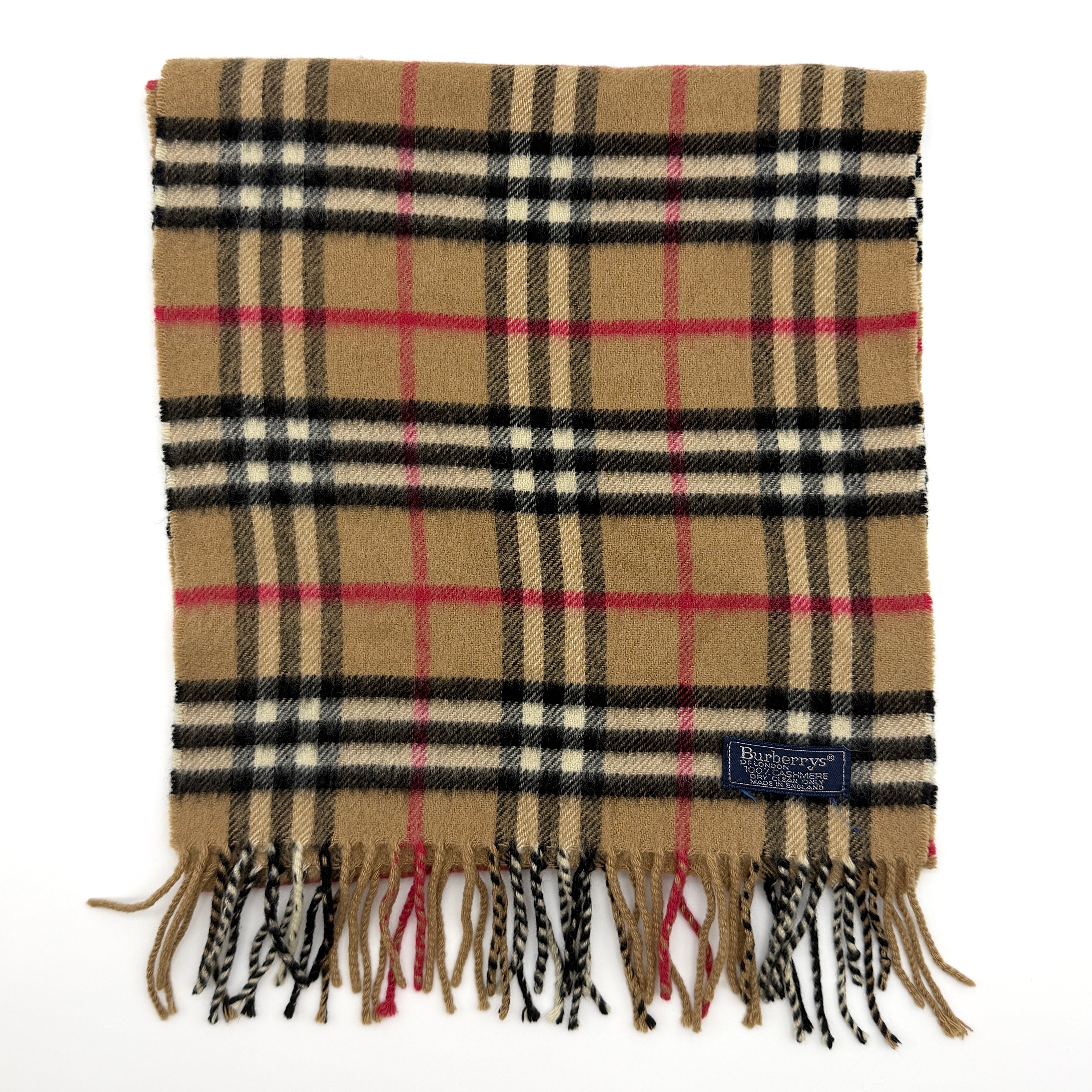 Burberrys Nova Check Preloved Luxury Cashmere Scarf in multicolor plaid with fringe hem, made in England.