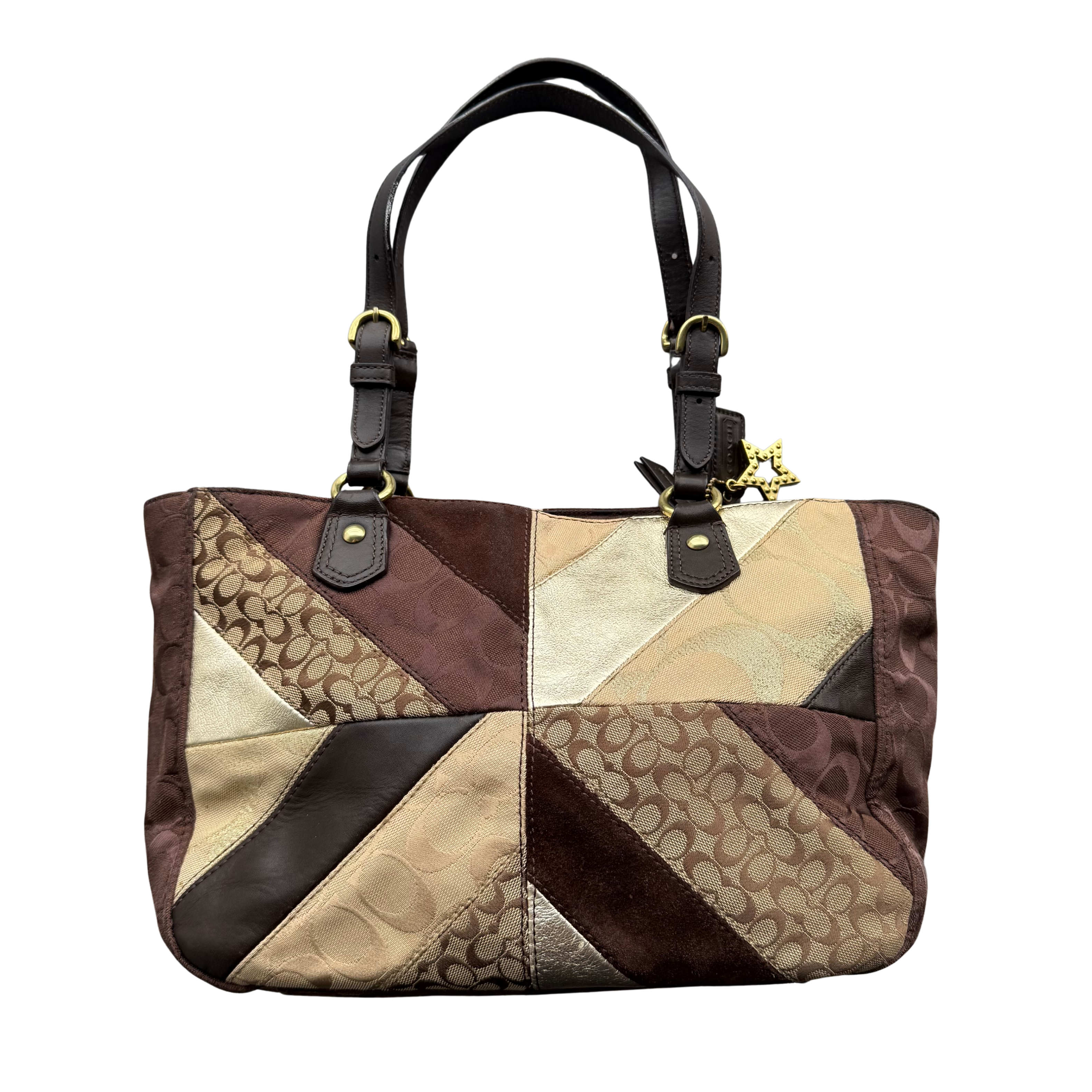 Coach Y2K Chevron Patchwork Tote Bag Brown Multicolor