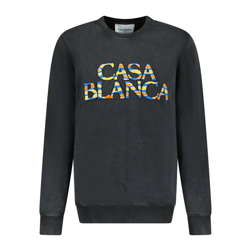 Casablanca 'Ange De Jour' Sweatshirt Faded Black, features colorful terry embroidery logo on the chest, crew neck, and ribbed trim in a vintage-washed cotton finish.