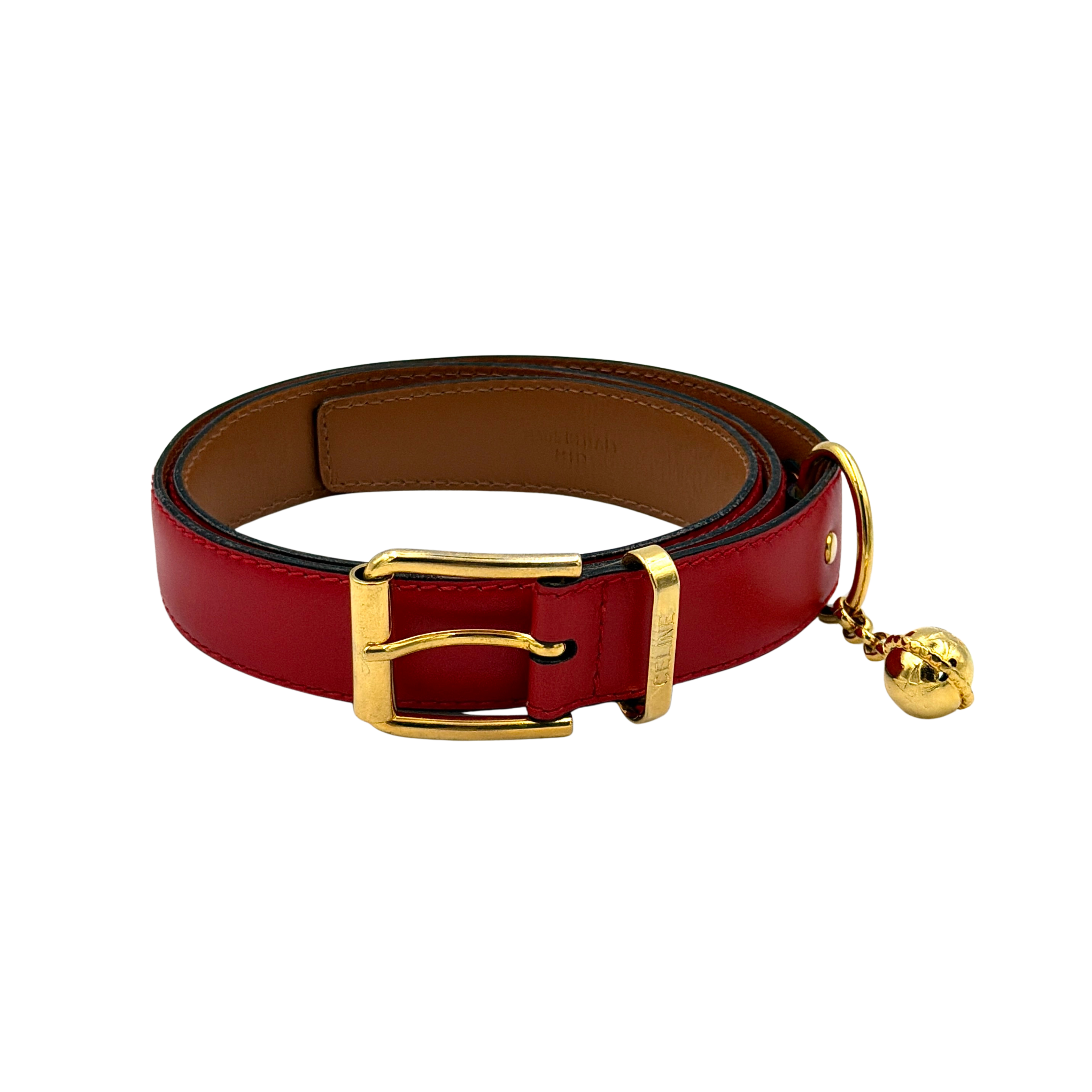 Celine red leather belt with gold-tone buckle and charm detail, shown from multiple angles including close-ups.