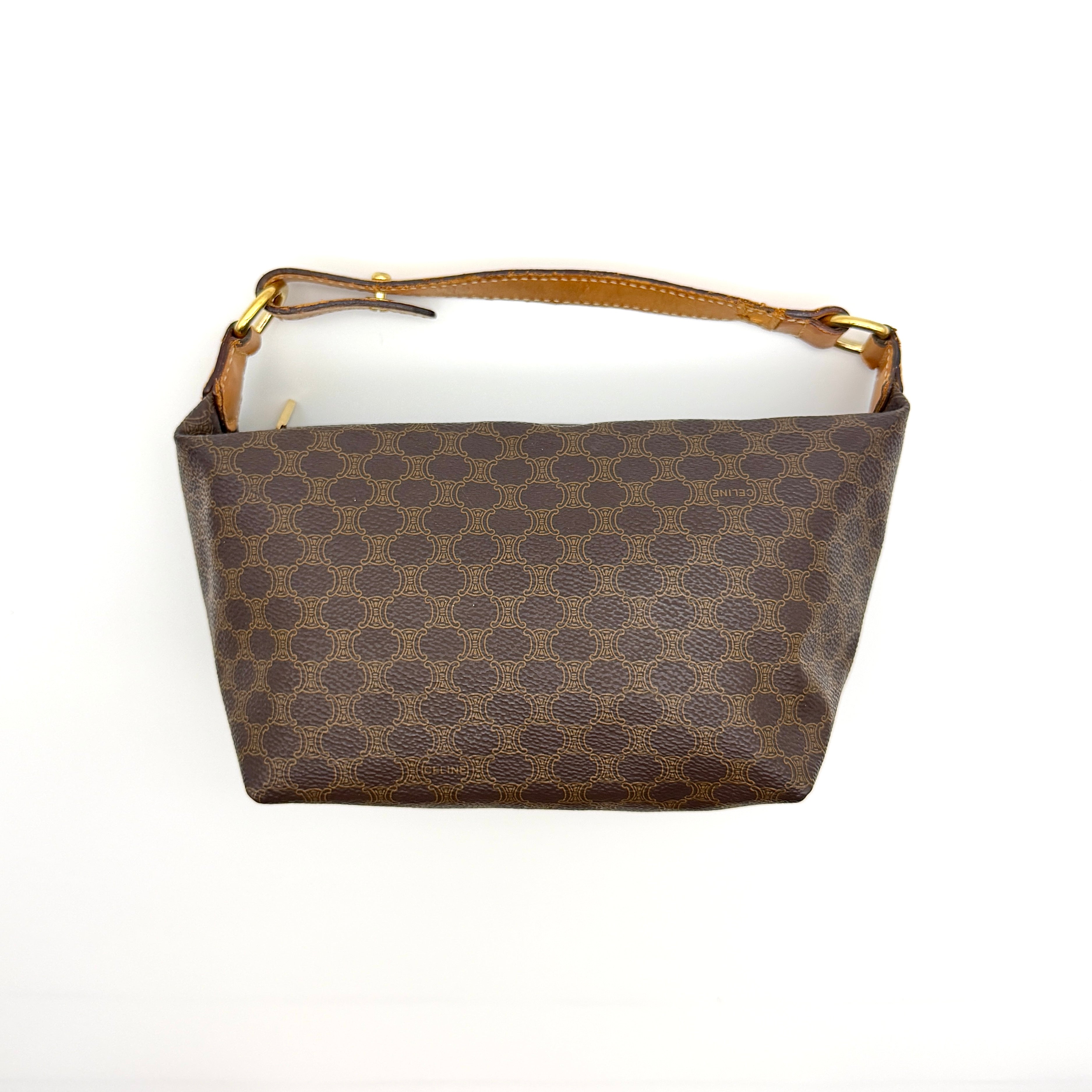 Celine Macadam Hobo Shoulder Bag in brown coated canvas with tan leather trim, gold-tone hardware, and adjustable strap.