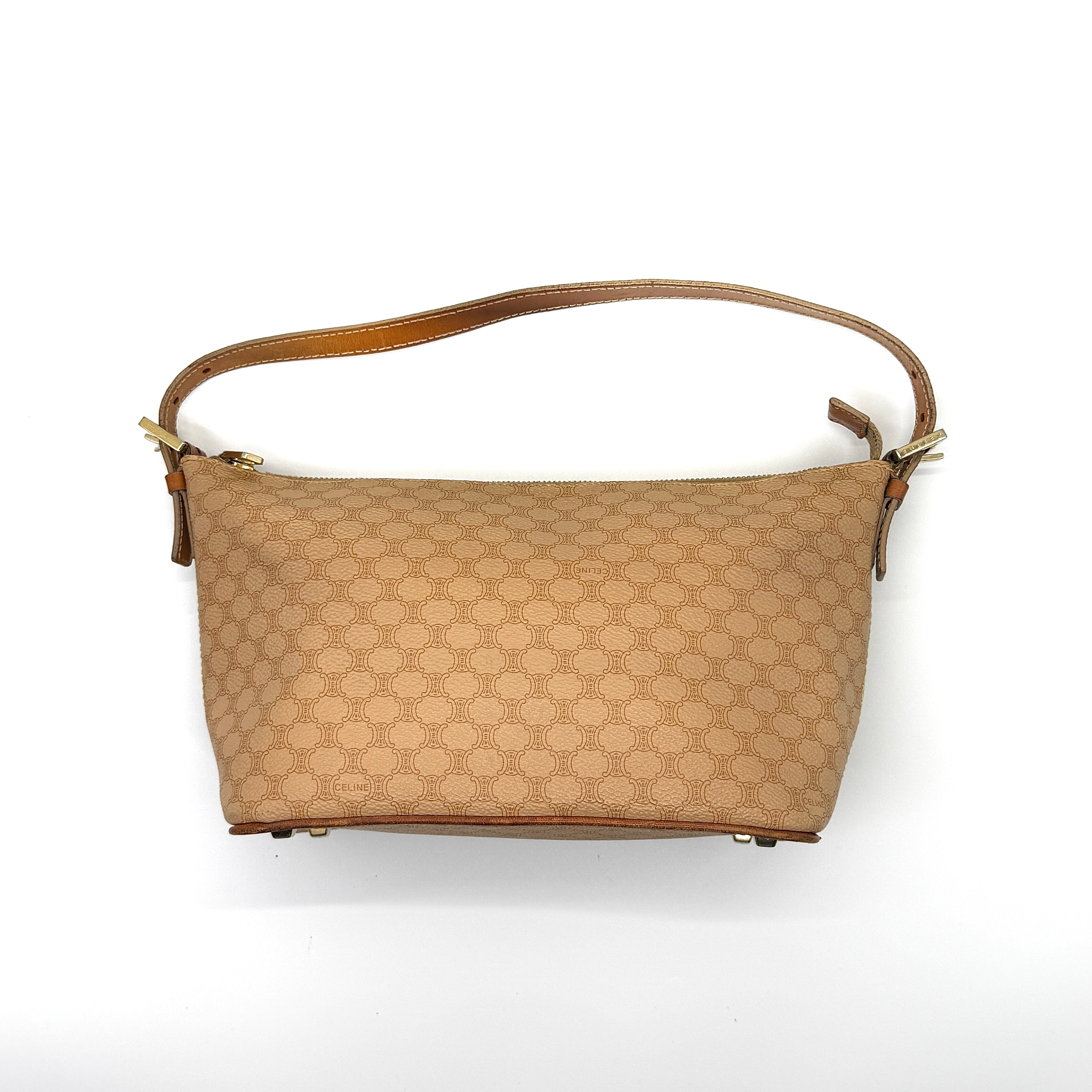 Celine Macadam Shoulder Bag in beige coated canvas with tan leather trim and gold-tone zipper.