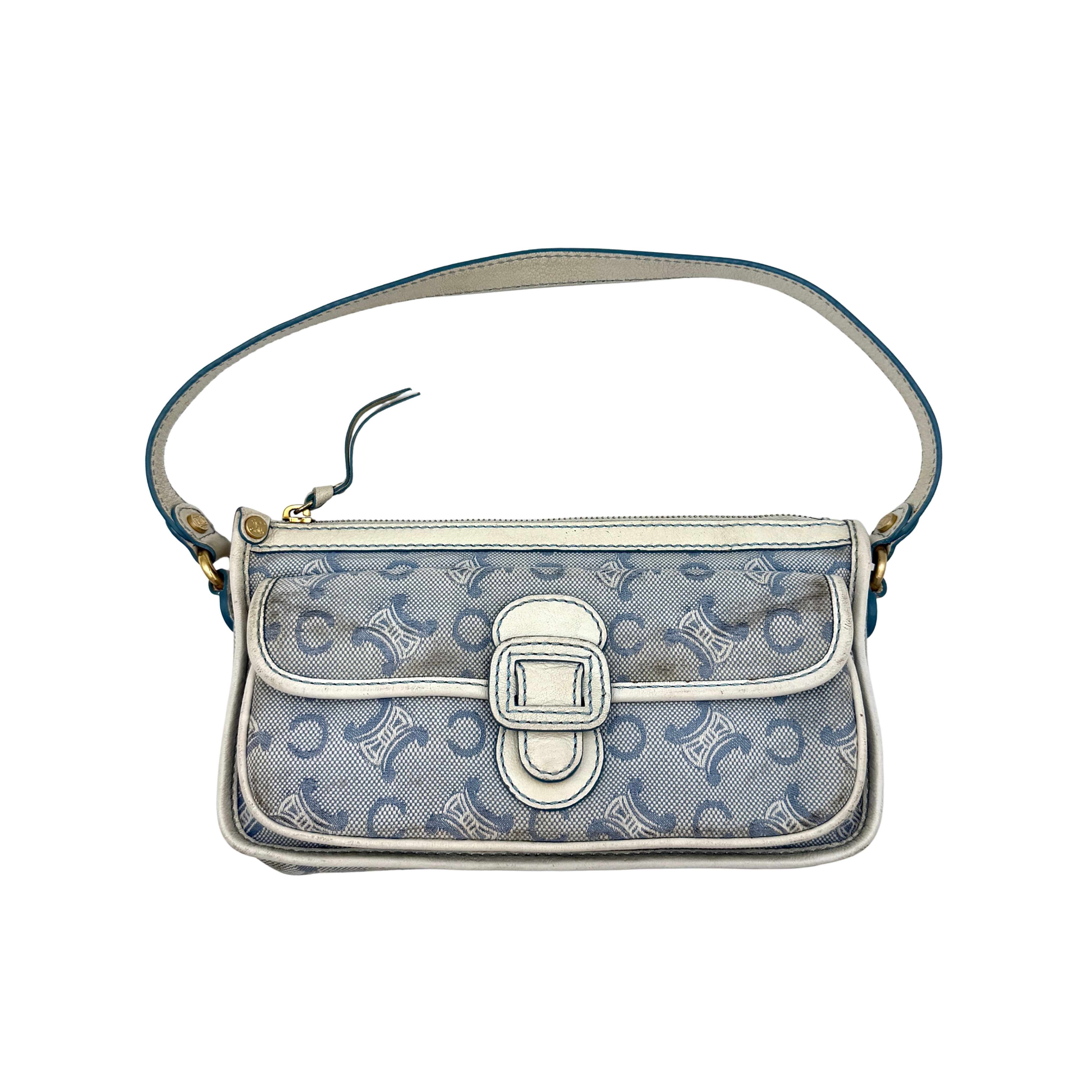 Celine Macadam Shoulder Bag in blue with a classic pattern, featuring a compact design, adjustable strap, and front buckle detail.