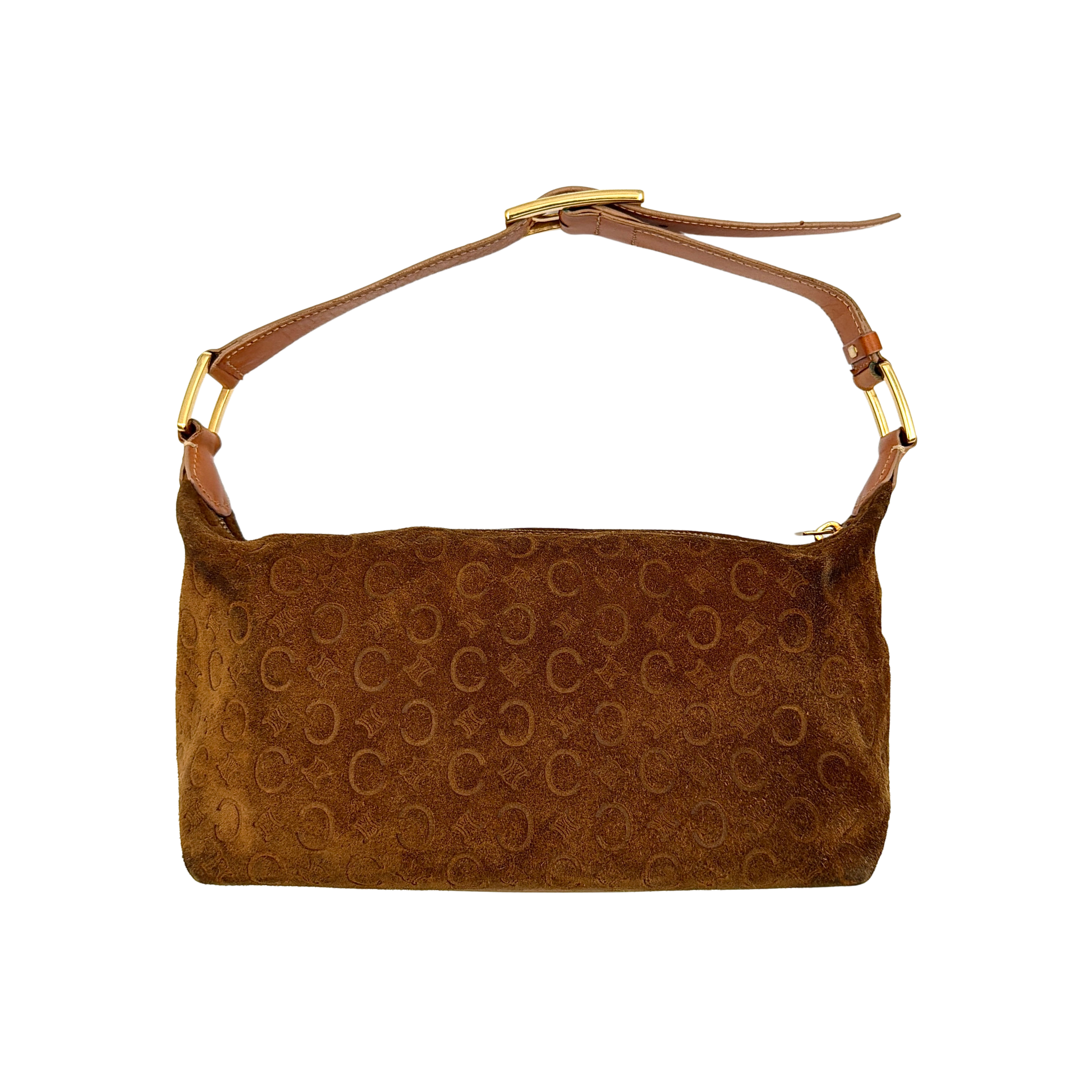 Celine brown suede shoulder bag with tonal all-over pattern and adjustable leather strap, shown from front and angled views with close-up texture.