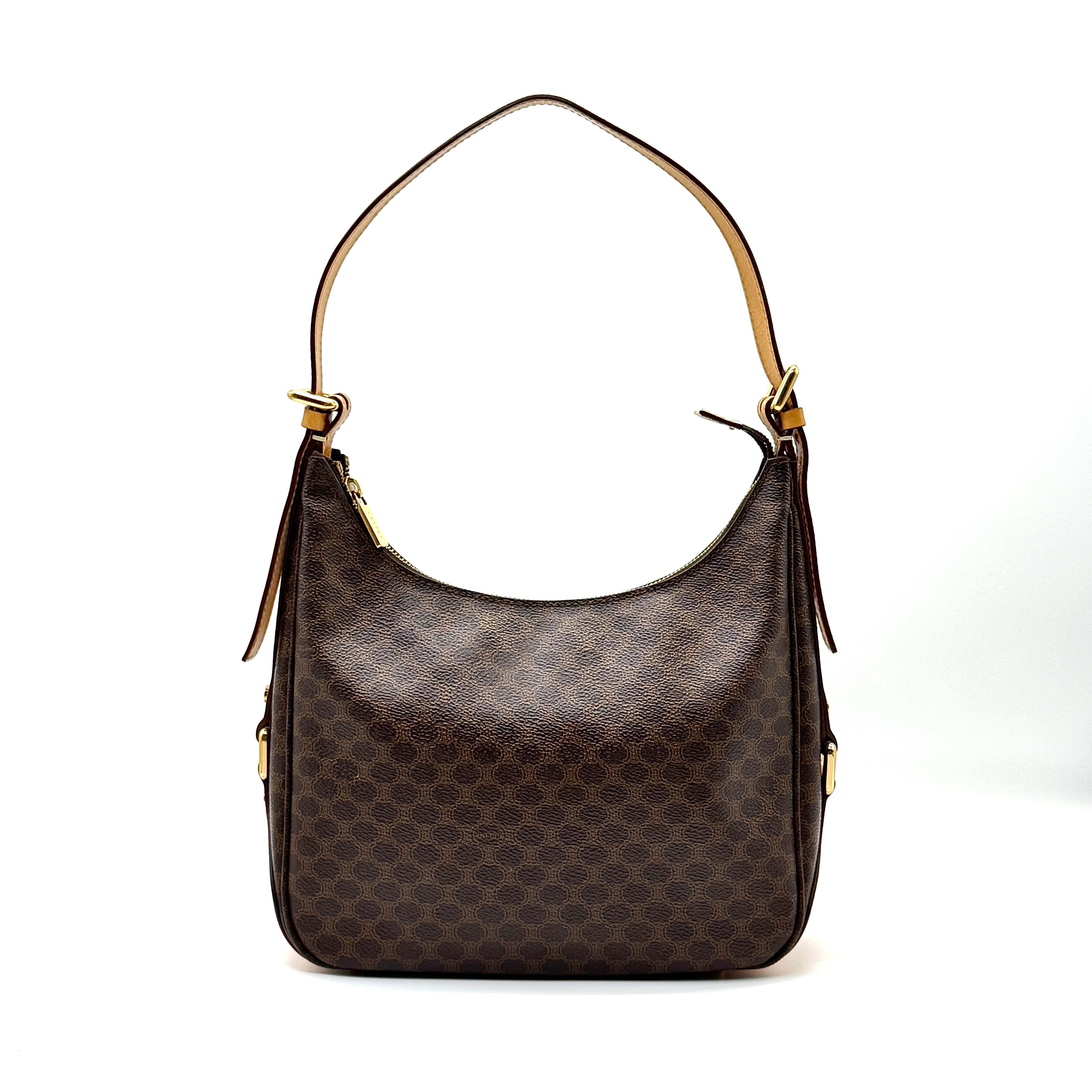 Celine Triomphe Macadam Hobo Shoulder Bag Brown, coated canvas with tan leather trim and gold-tone hardware.