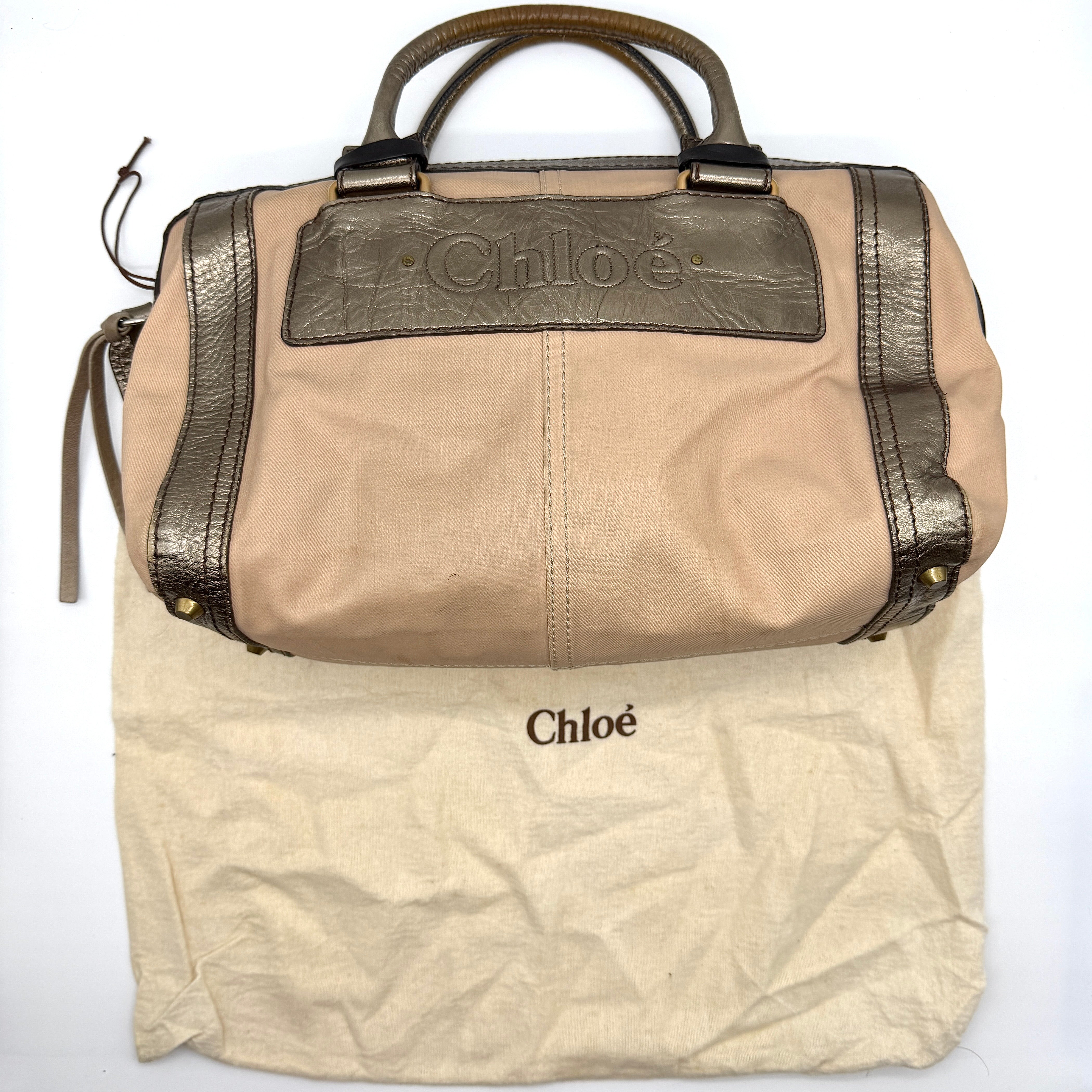 Chloé Harley Preloved Luxury Shoulder Bag in beige canvas with brown metallic leather trim and gold-tone hardware.