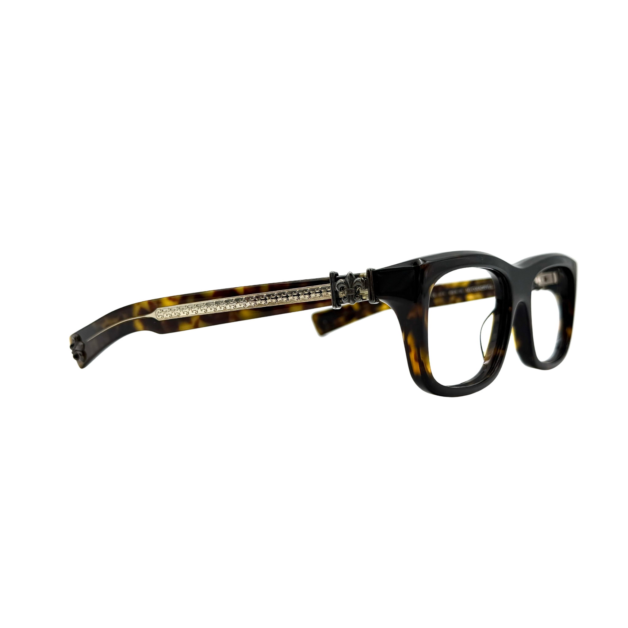 Chrome Hearts MYDIXADRYALL glasses in Havana dark tortoiseshell with intricate temple detailing and bold silhouette.