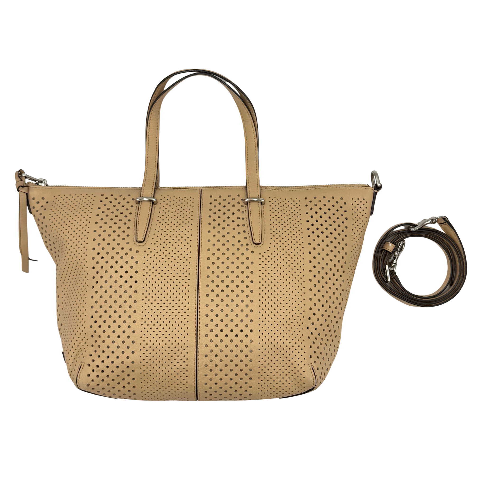 Coach 2Way Bleecker Cooper perforated satchel tote bag in tan leather featuring a perforated design, top zip closure, double handles, and detachable long strap for crossbody wear.