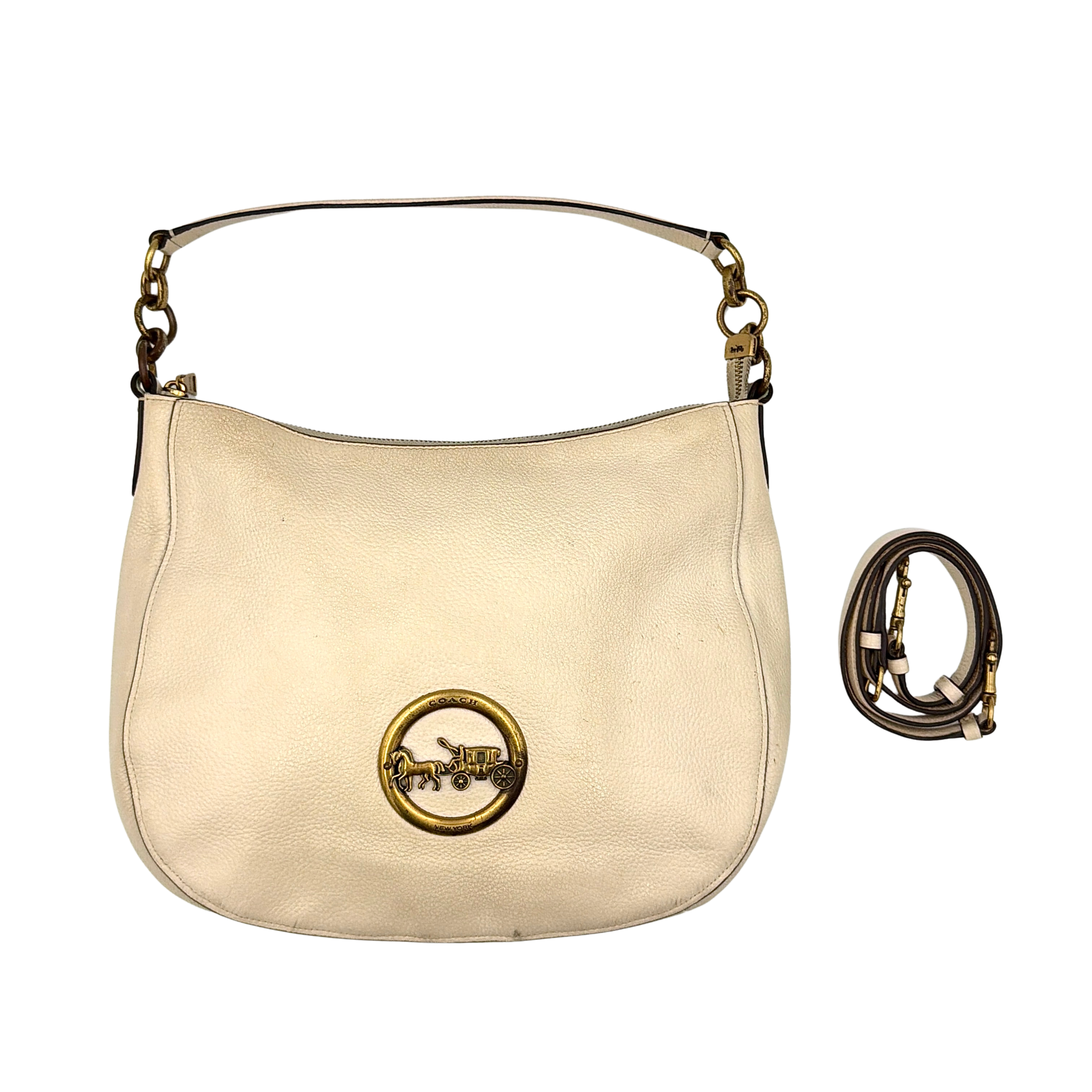 Coach white leather Elle hobo shoulder bag with gold-tone horse-and-carriage emblem, shown with strap, front and back views, and close-up detail.