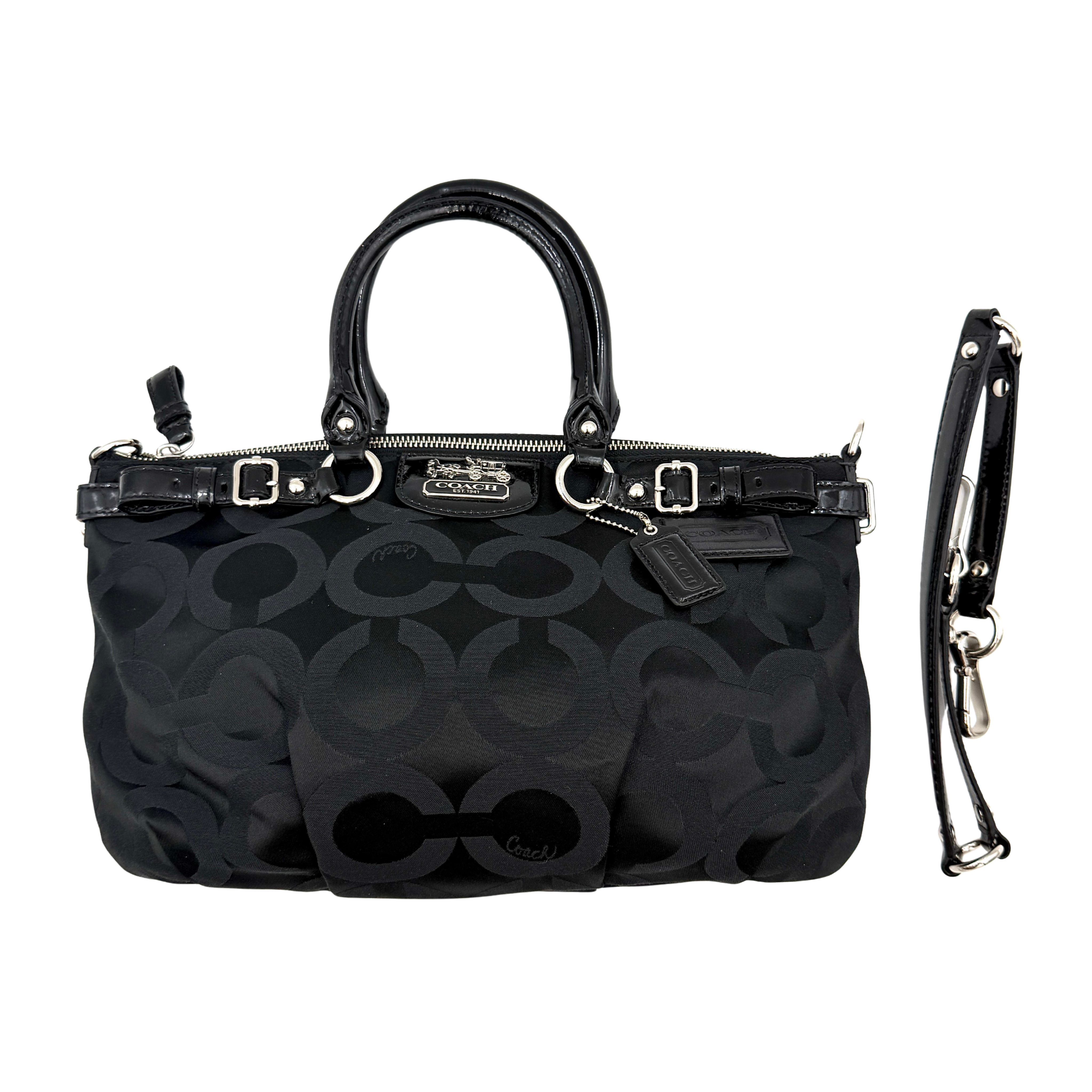 Coach 2Way Madison Op Art Sophia Sateen Shoulder Bag in black with signature Op Art pattern, detachable strap, and polished metal hardware.
