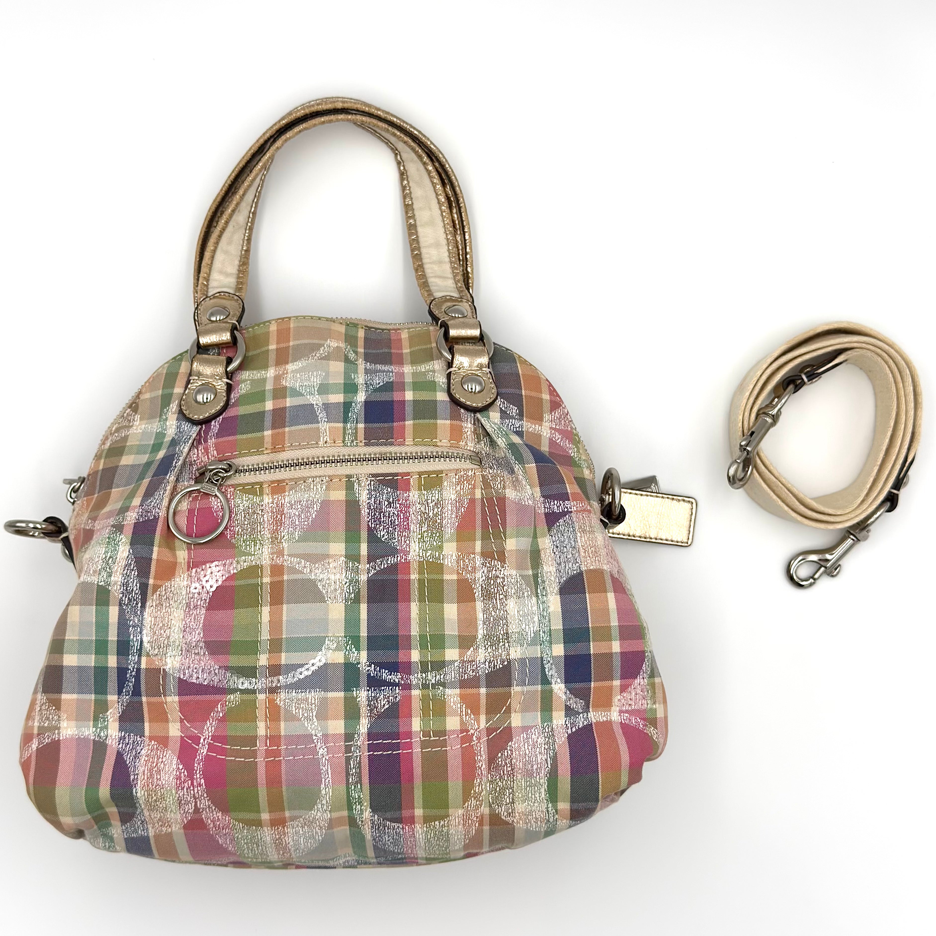Coach 2Way Poppy Madras Tartan Shoulder Bag in multicolor coated canvas with metallic accents, silver-tone hardware, detachable strap, and spacious interior.