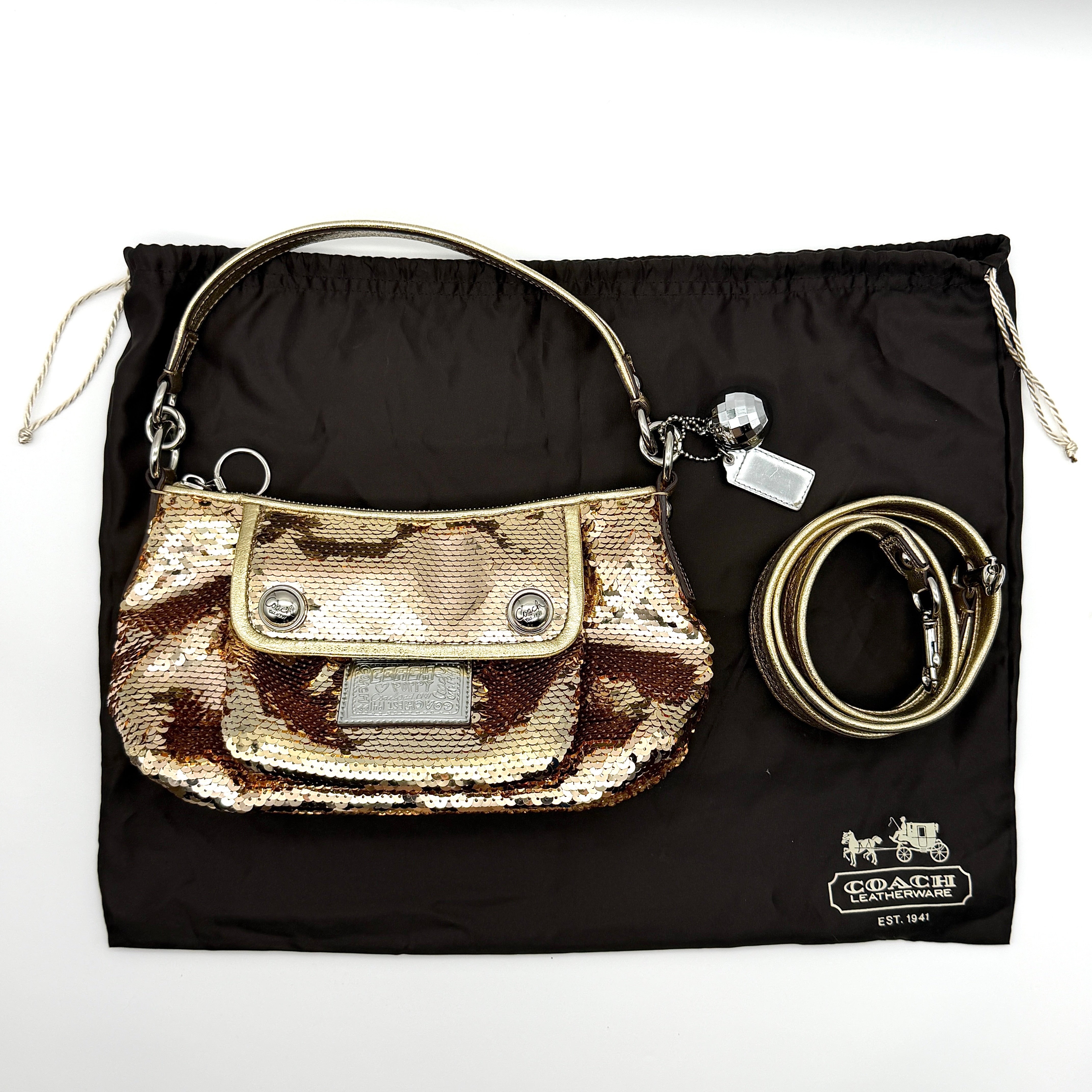 Coach 2Way Poppy Sequin Disco Shoulder Bag in gold sequin with metallic leather trim and silver-tone hardware