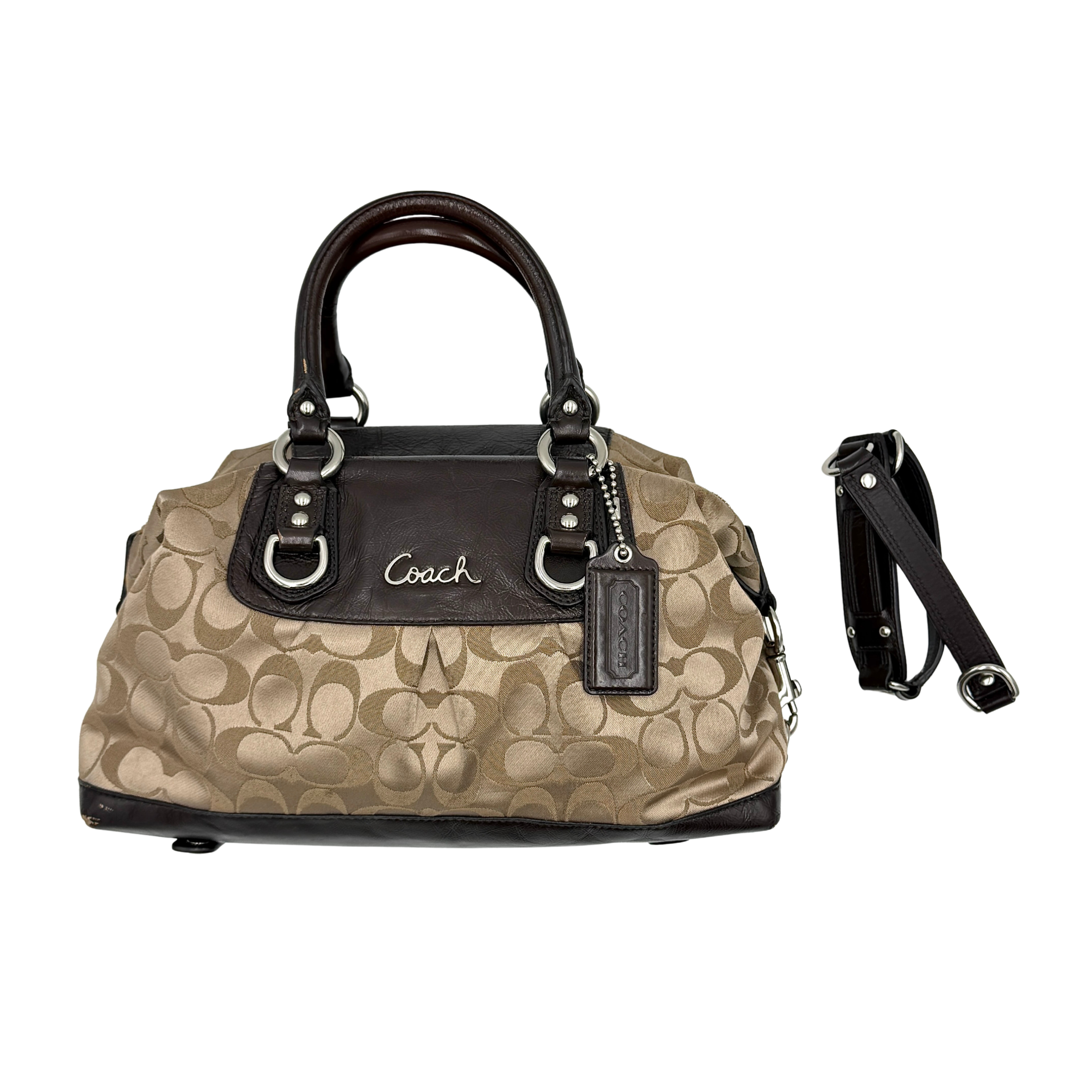 Coach 2Way Signature Ashley Sateen Handbag in brown and beige, featuring dual handles and signature logo design.