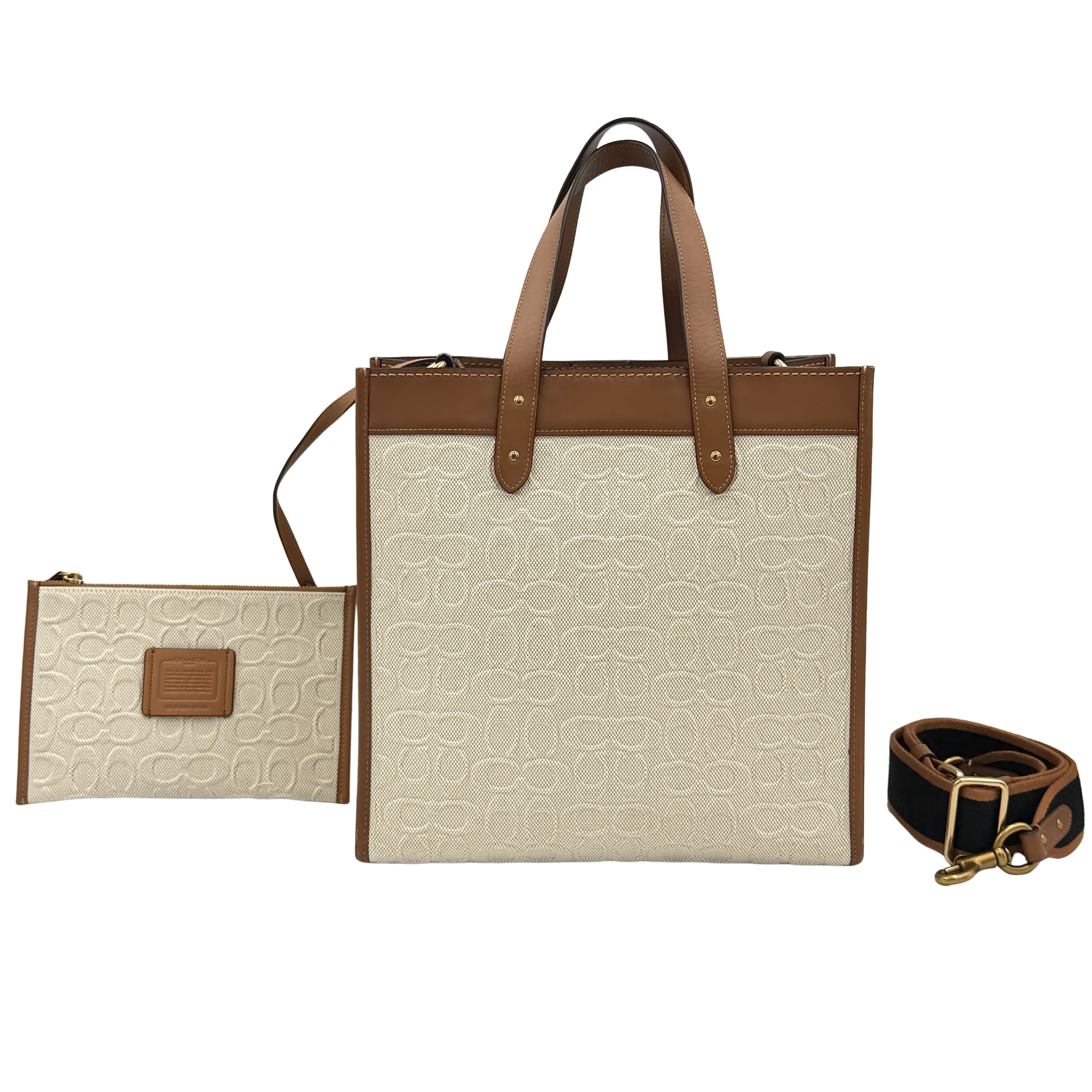 Coach 2Way Signature Field Tote Bag in cream and tan, showing dual carry options, structured silhouette, and spacious interior.