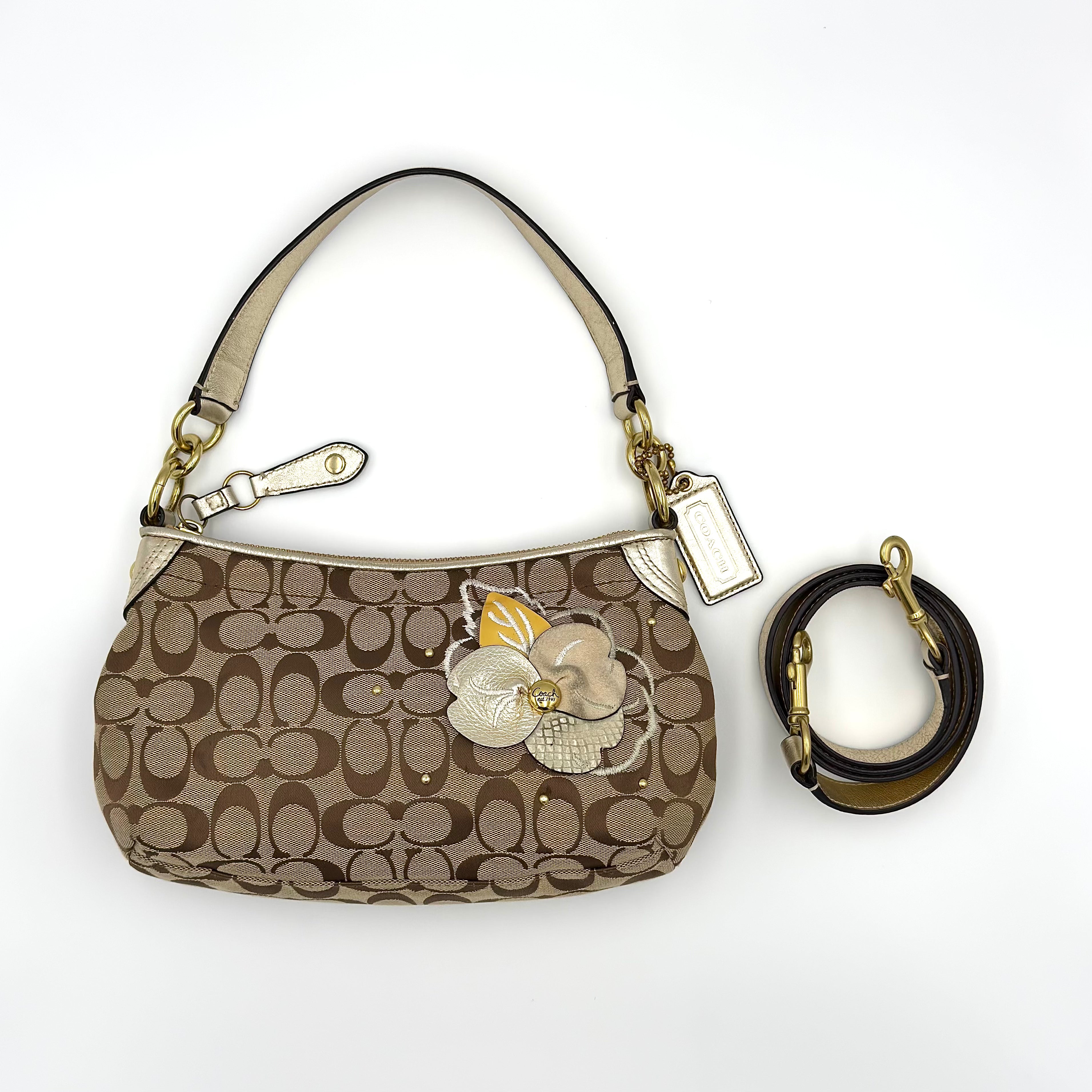 Coach 2Way Signature Floral Shoulder Bag in beige monogram canvas with floral appliqué, gold-tone hardware, and detachable strap.