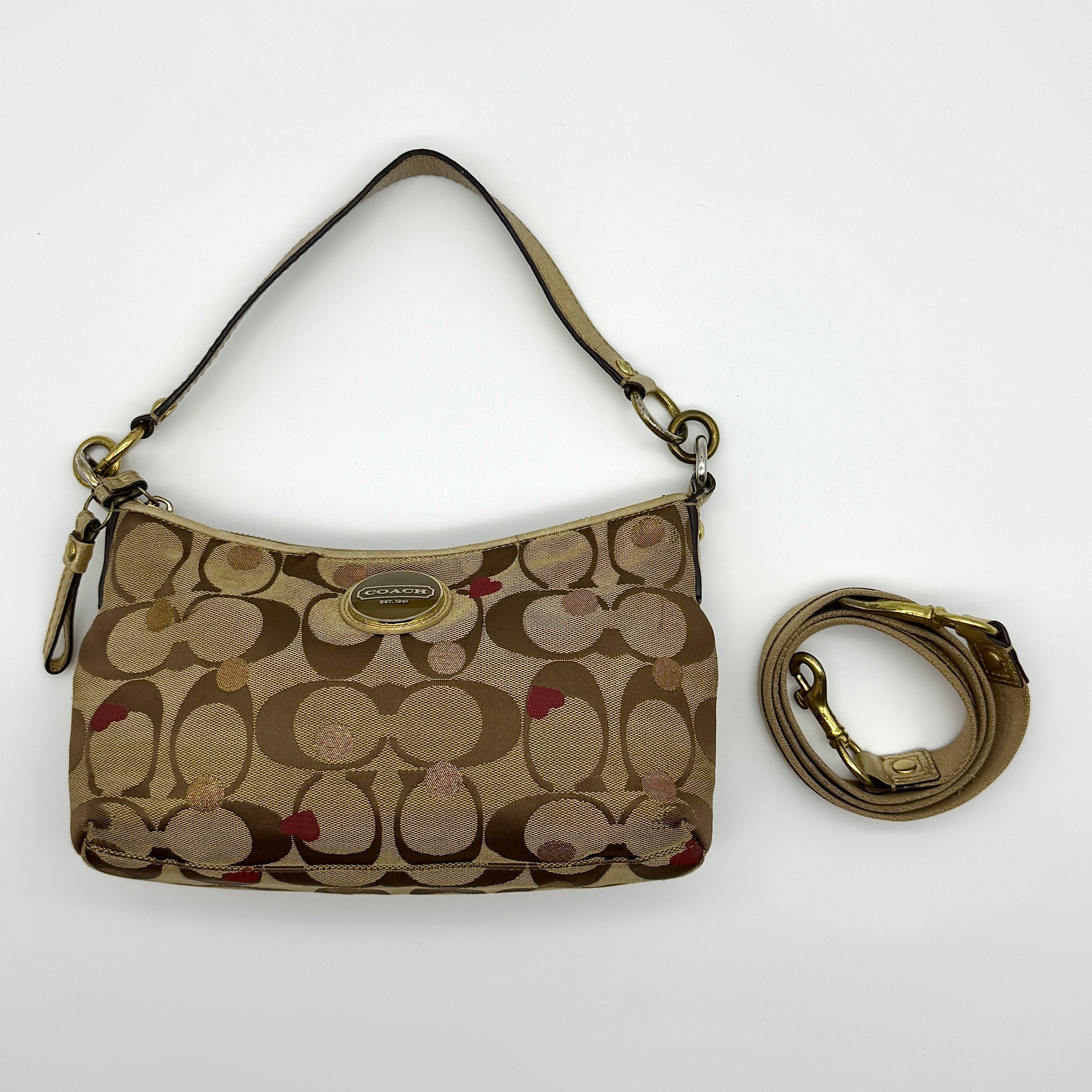 Coach 2Way Signature Heart Preloved Luxury Shoulder Bag in beige jacquard with gold leather trim and red satin interior.