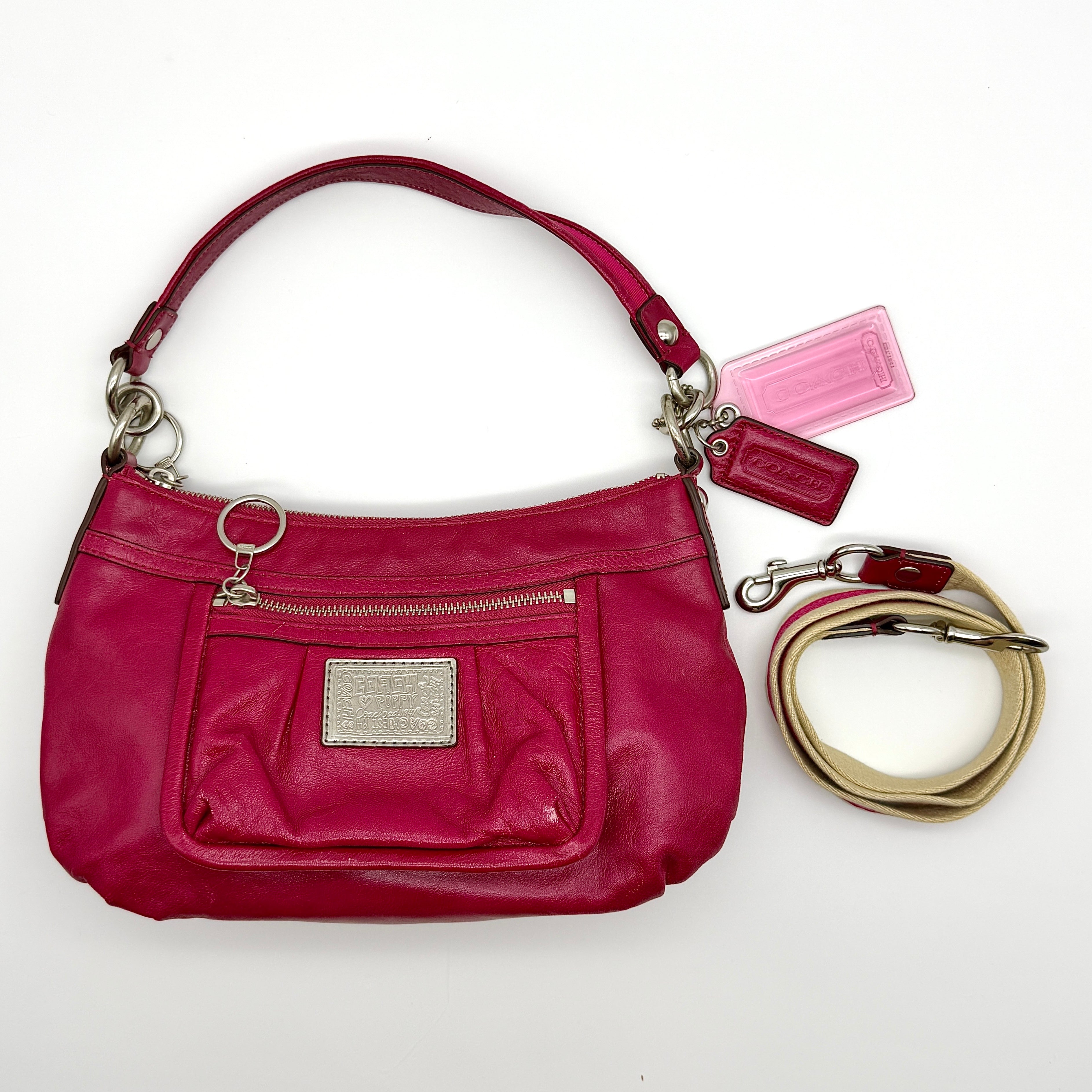 Coach 2Way Signature Poppy Preloved Luxury Shoulder Bag in pink leather with silver hardware and beige satin lining.