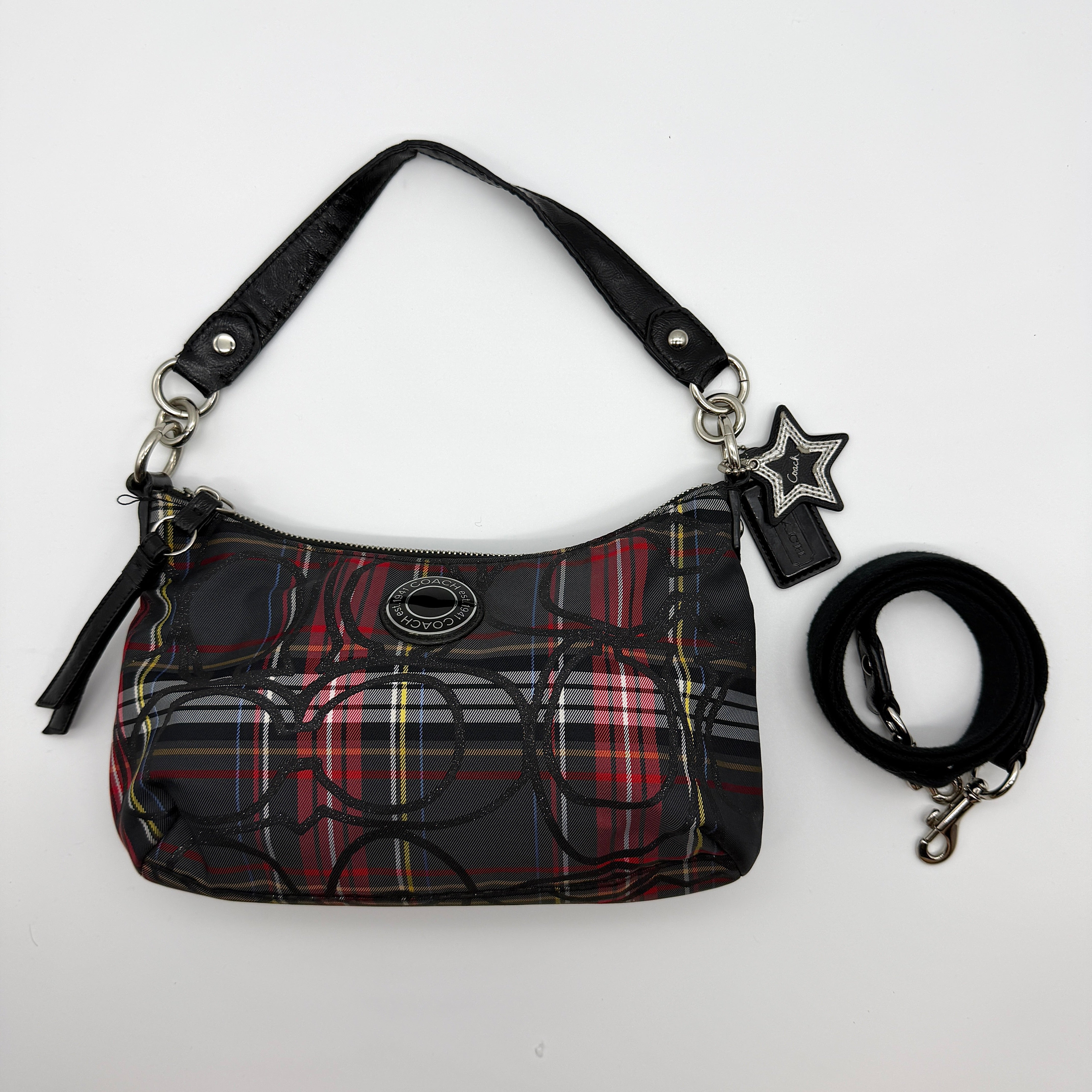 Coach 2-Way Signature Poppy Tartan Shoulder Bag in multicolor plaid fabric with silver-tone hardware and detachable strap.