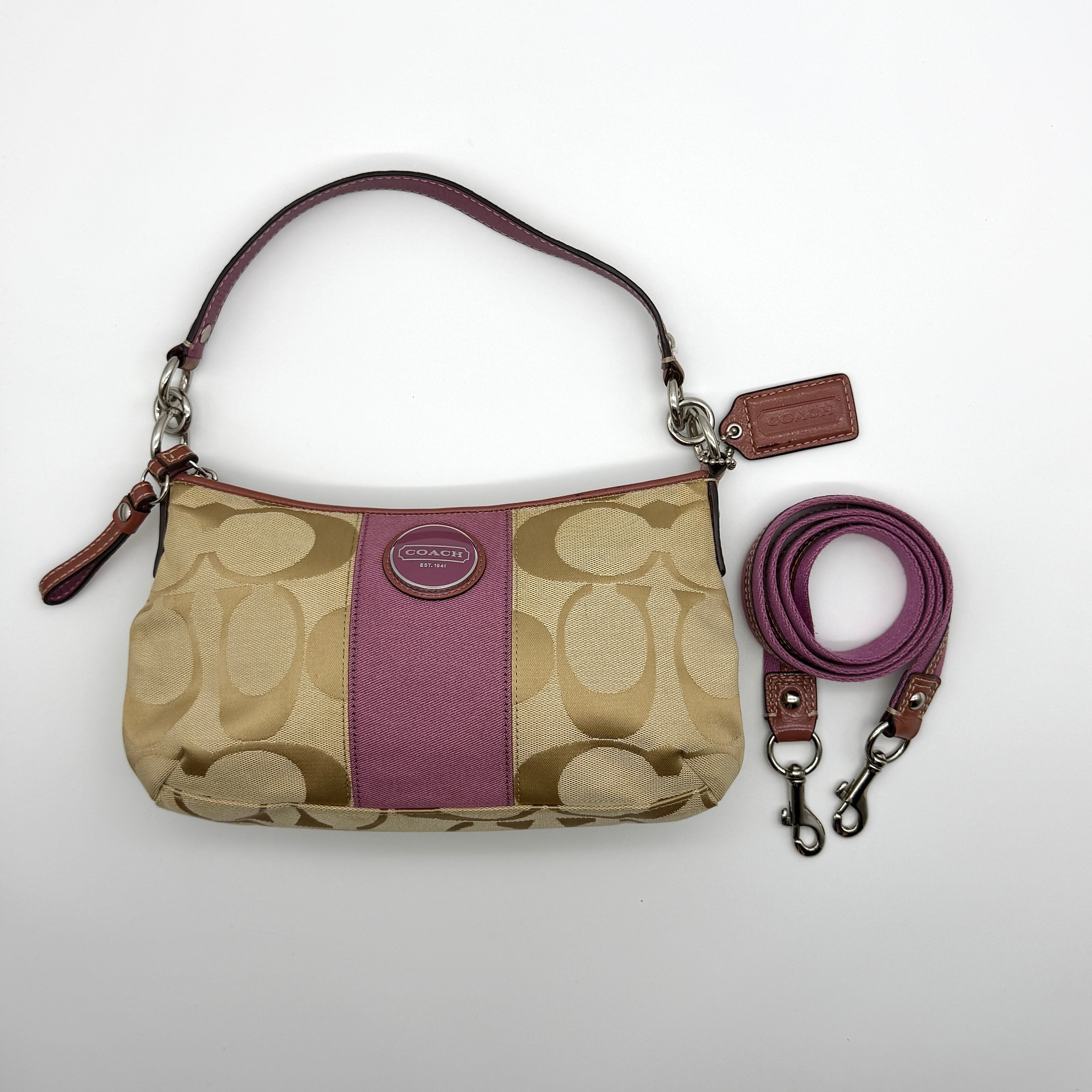 Coach 2-Way Signature Stripe Shoulder Bag Beige/Purple, crafted from signature coated canvas with leather trim, featuring silver-tone hardware, zip closure, and detachable strap.