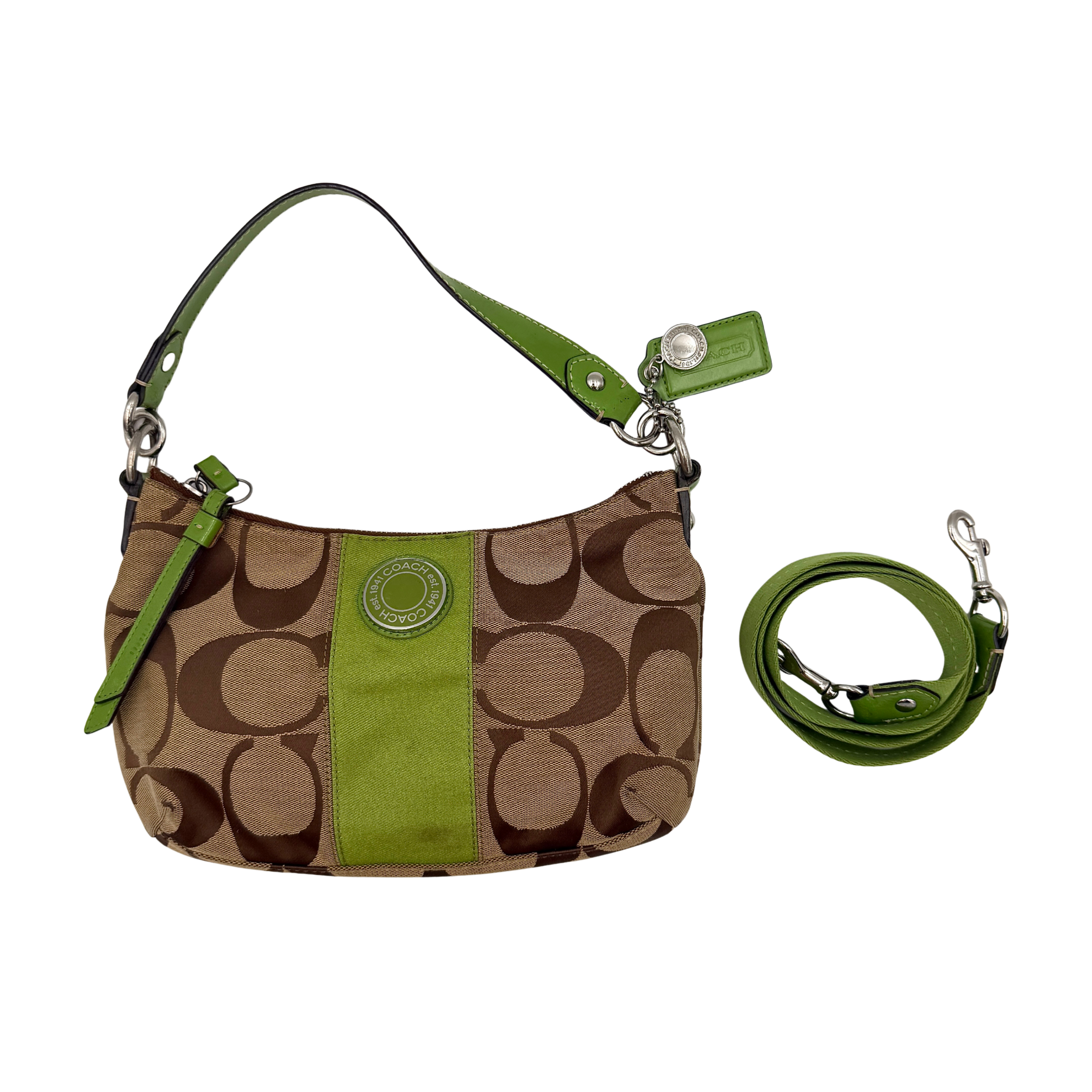 Coach Signature Stripe Shoulder Bag in beige and green, featuring a versatile 2-way design with shoulder and crossbody options.