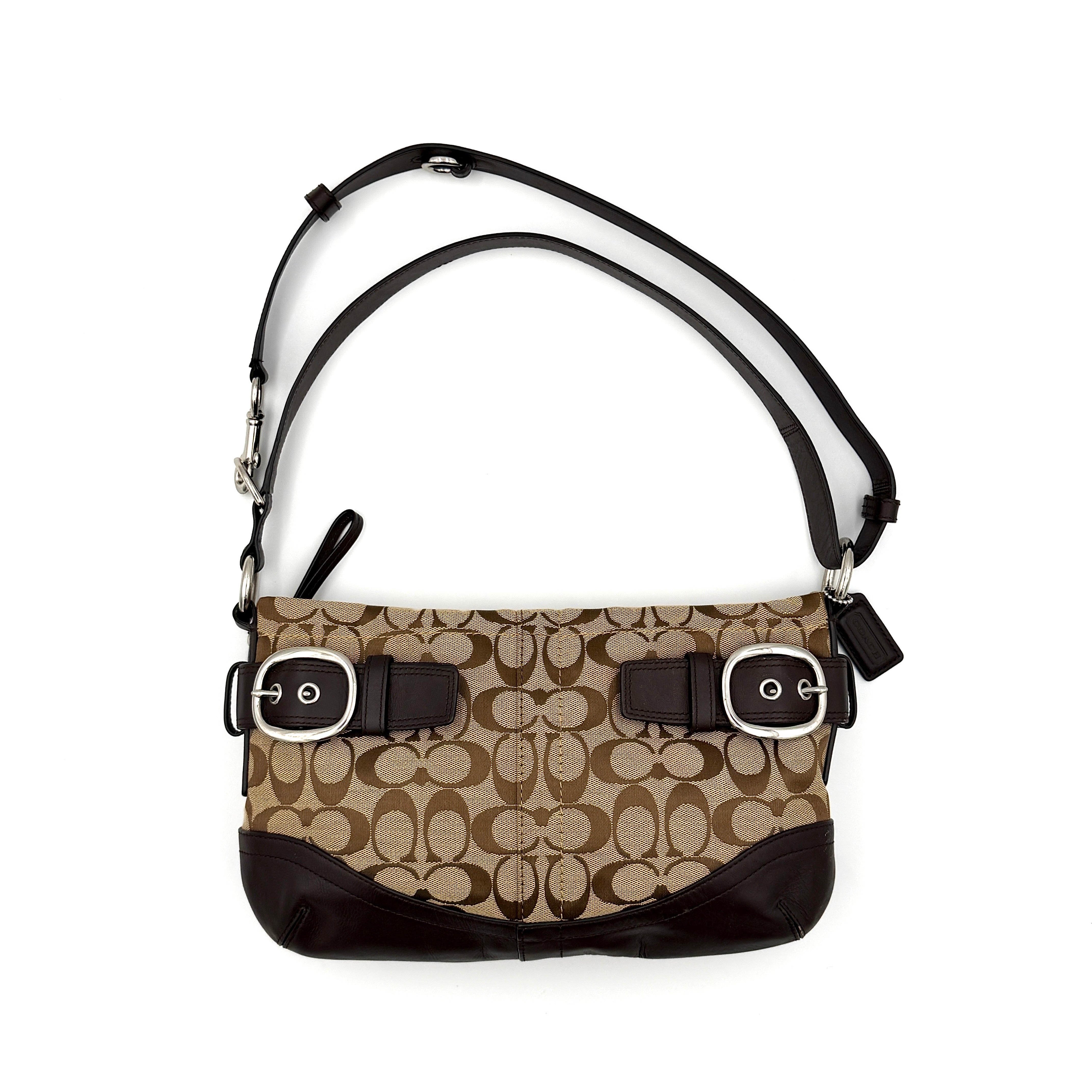 Coach 2Way signature canvas sufflette shoulder bag in beige and brown with leather trim and silver-tone buckle details.