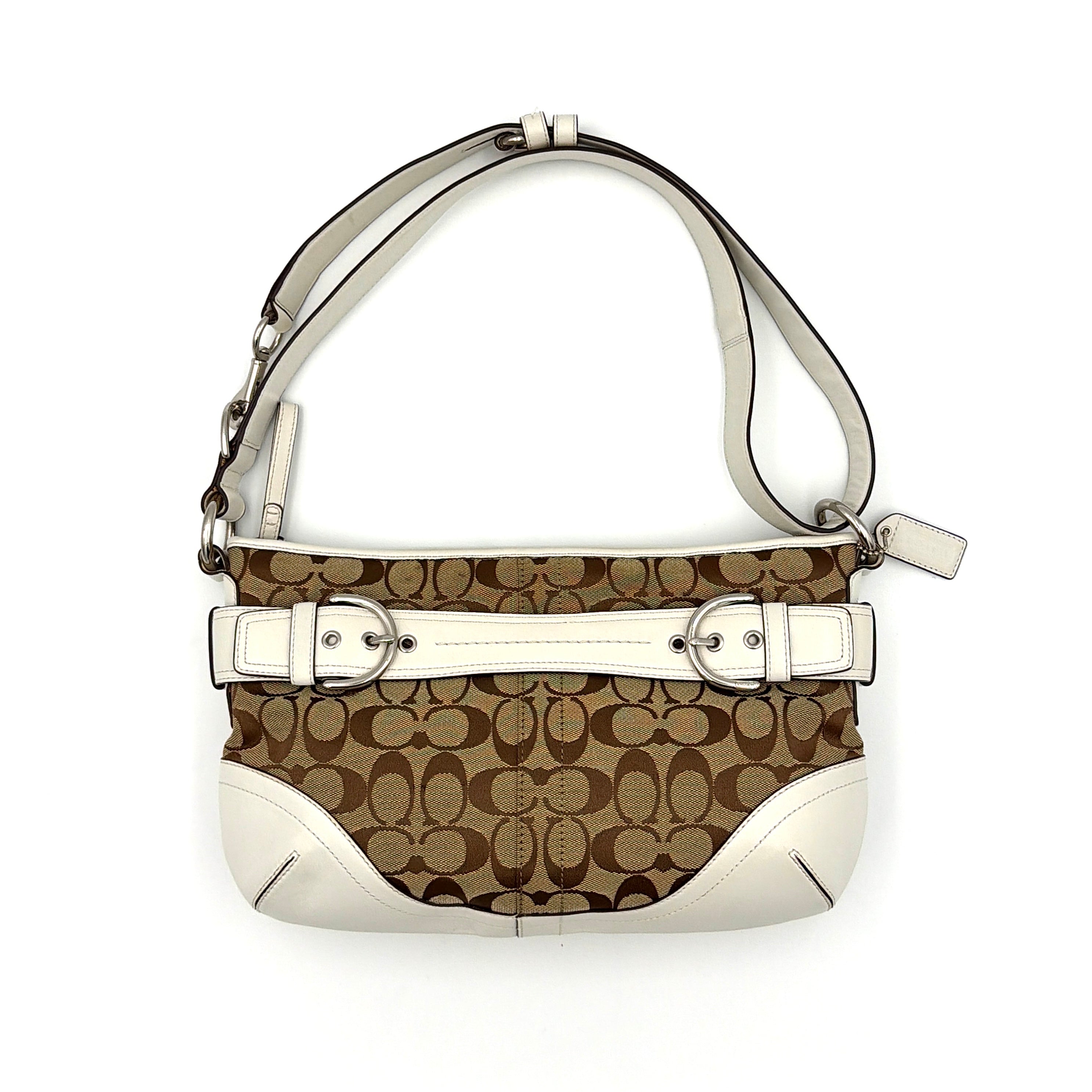 Coach 2Way Signature Sufflette Shoulder Bag in beige monogram canvas with white leather trim and silver-tone buckle details.
