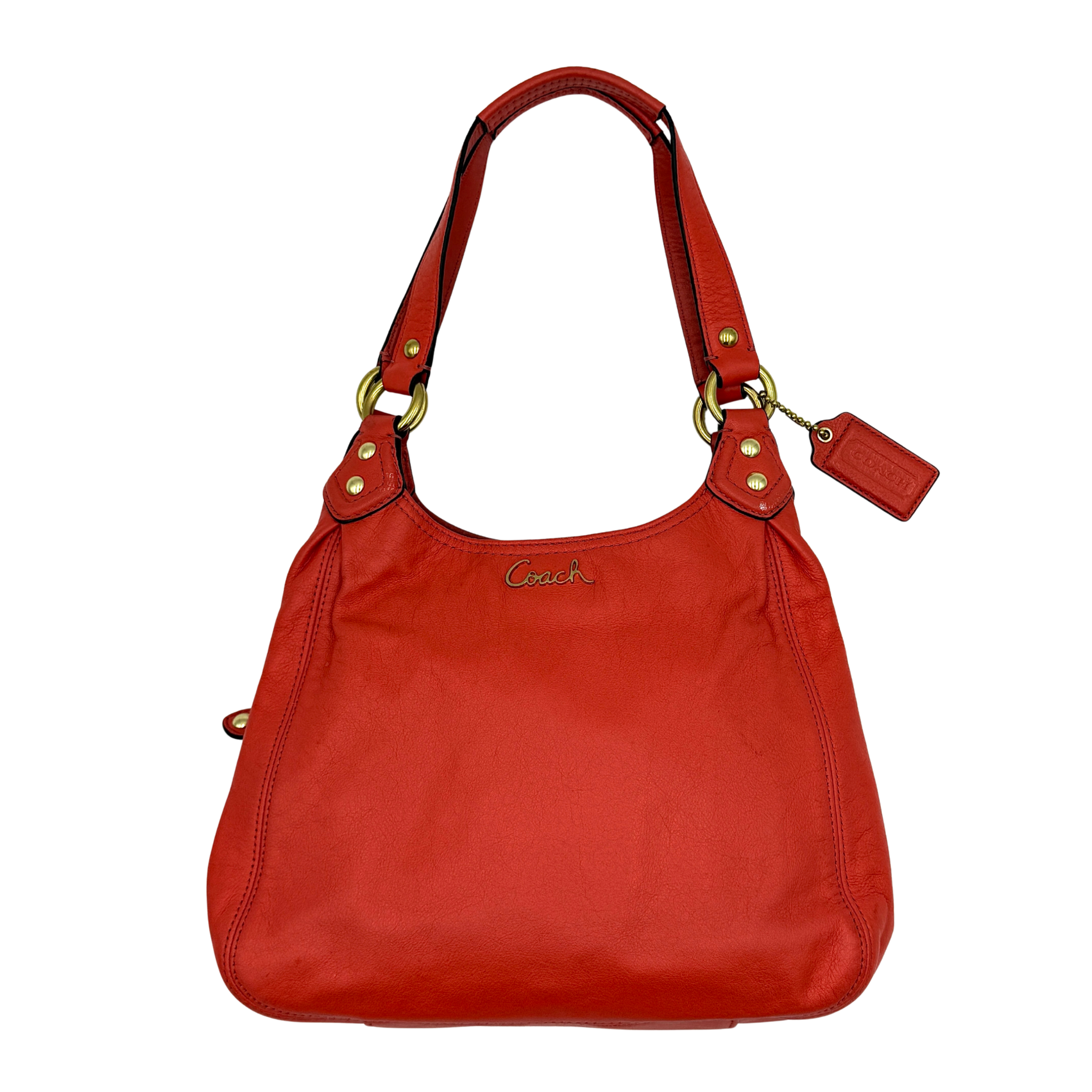 Coach Ashley hobo shoulder bag in burnt orange leather featuring gold-tone hardware, Coach script logo, top zip closure, and a soft slouchy silhouette.