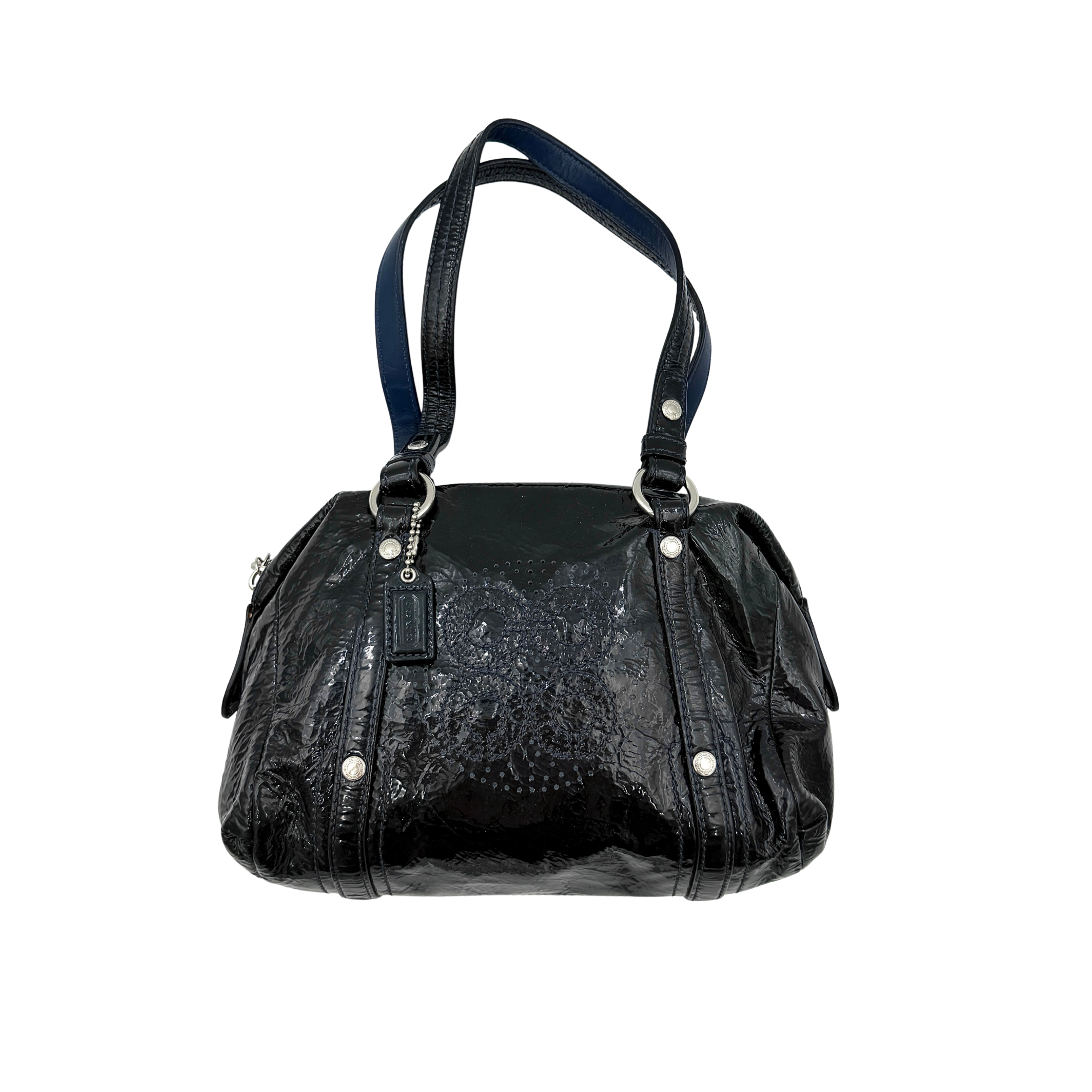 Coach Aubrey Mini Satchel Bag in black featuring glossy finish and intricate design with dual top handles