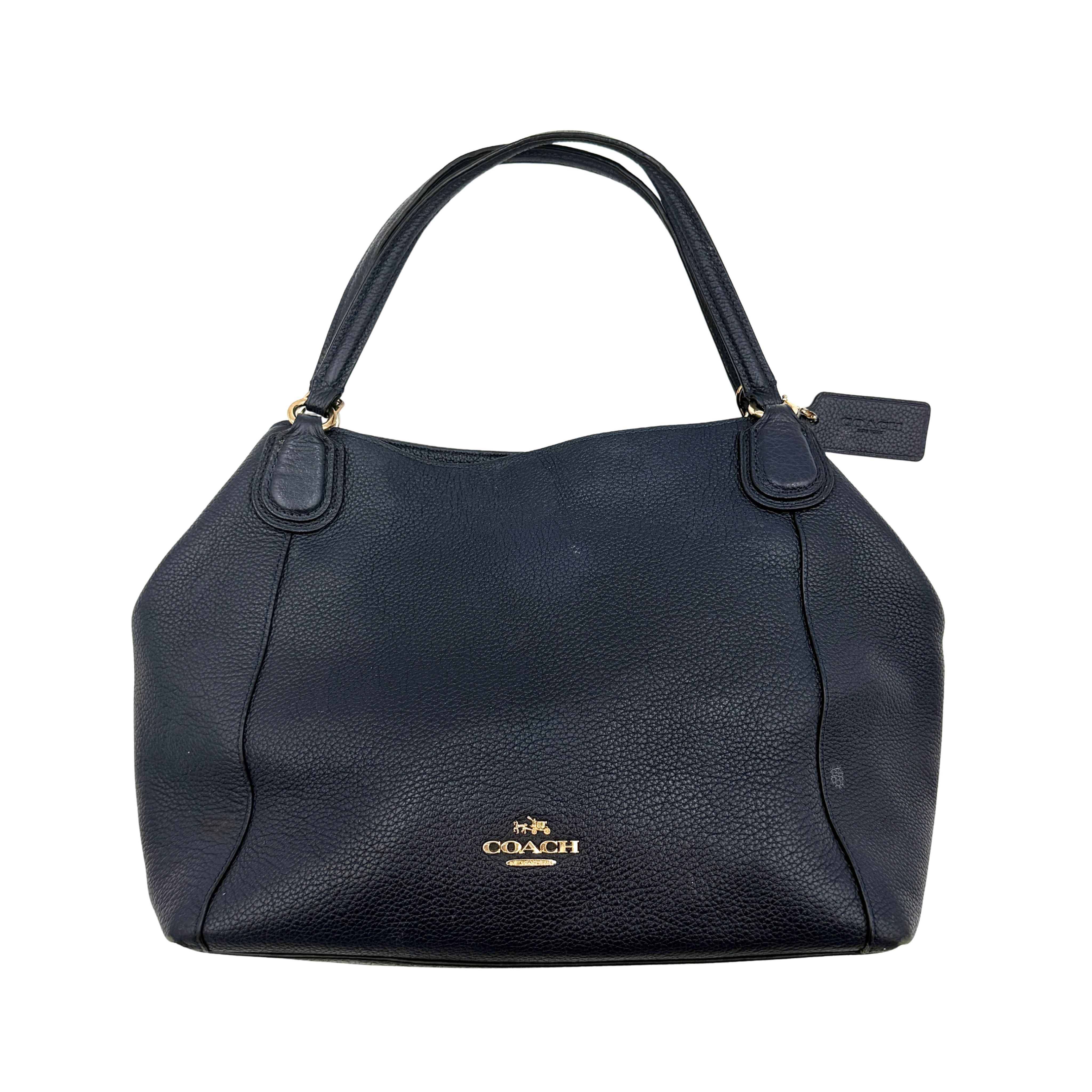 Coach Edie 28 shoulder bag in navy blue with structured design, Coach emblem, and dual handles.