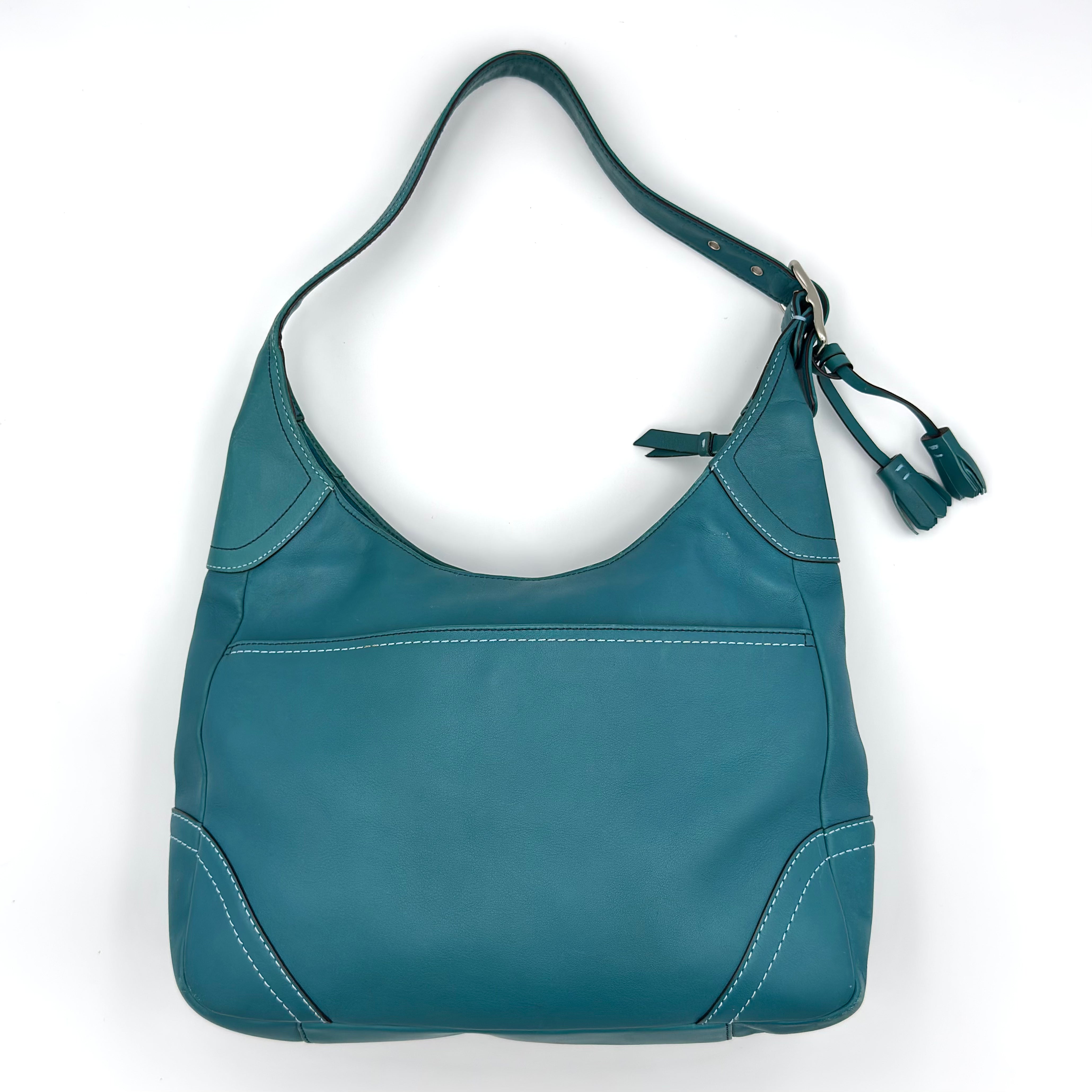 Coach Hamilton Hobo Shoulder Bag in turquoise blue leather with contrast stitching and silver-tone hardware.