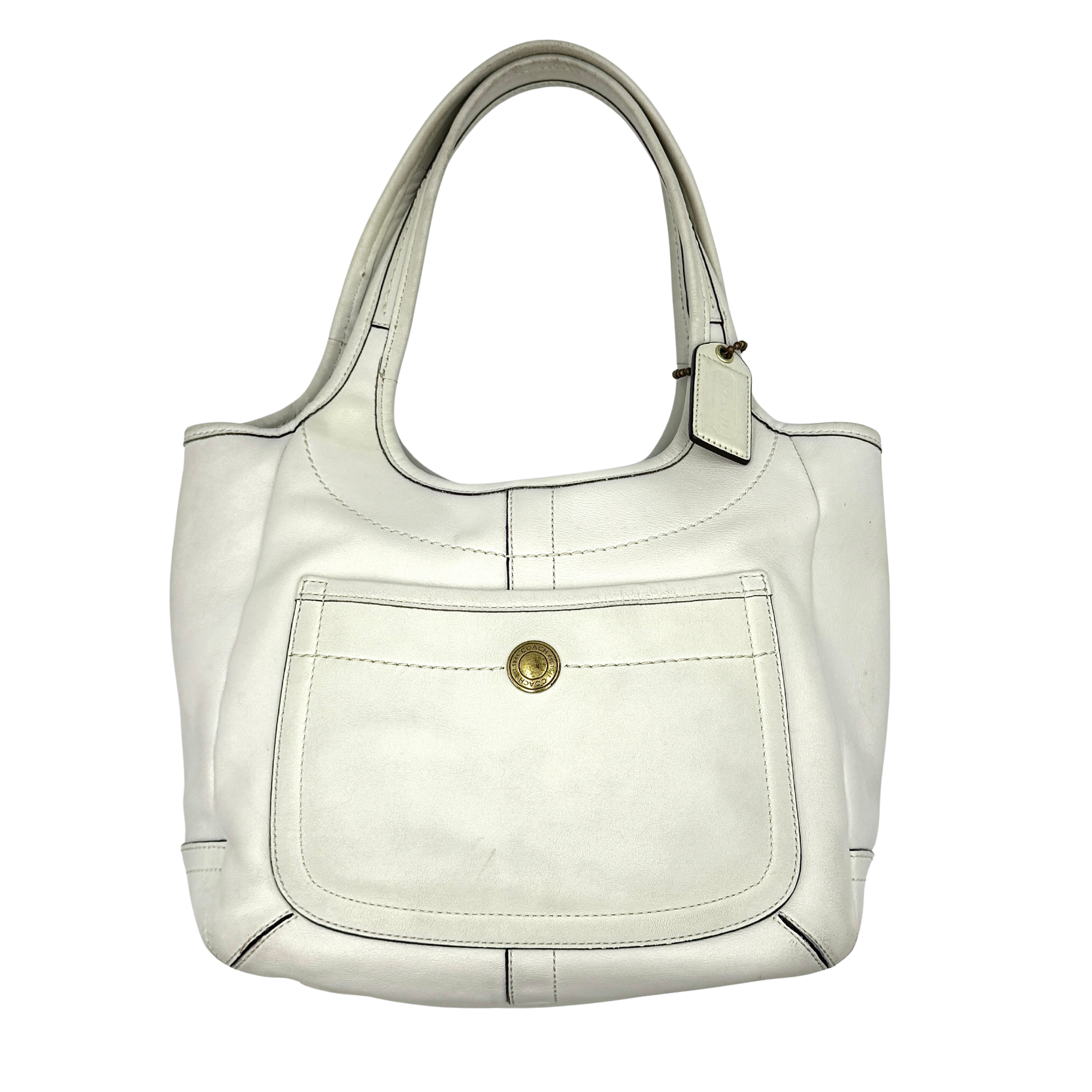 Coach Legacy Ergo Hobo Shoulder Bag in white with an exterior pocket, curved handle, and soft finish