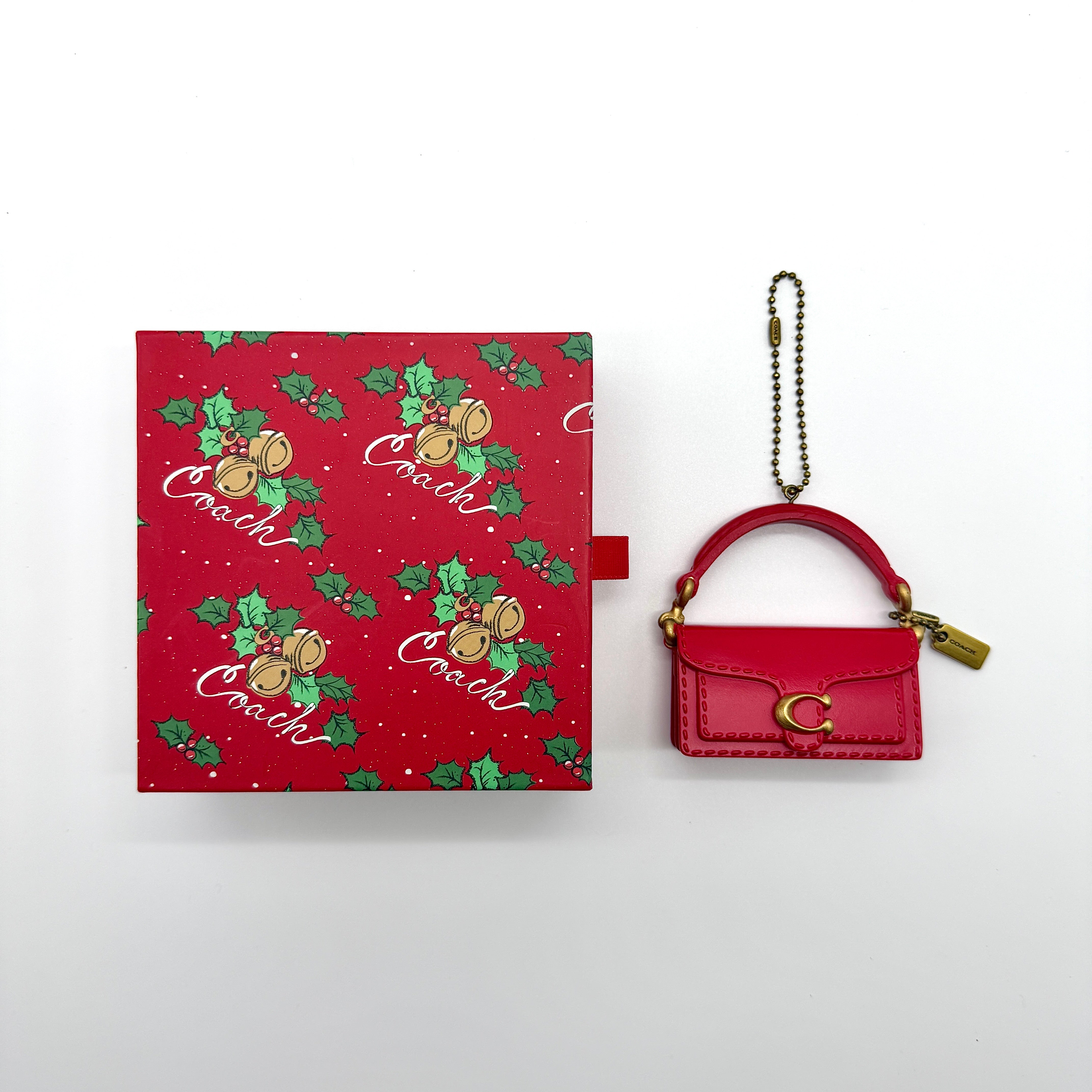 Coach Limited Edition Mini Tabby Handbag Charm in red leather with gold-tone hardware and original holiday gift box