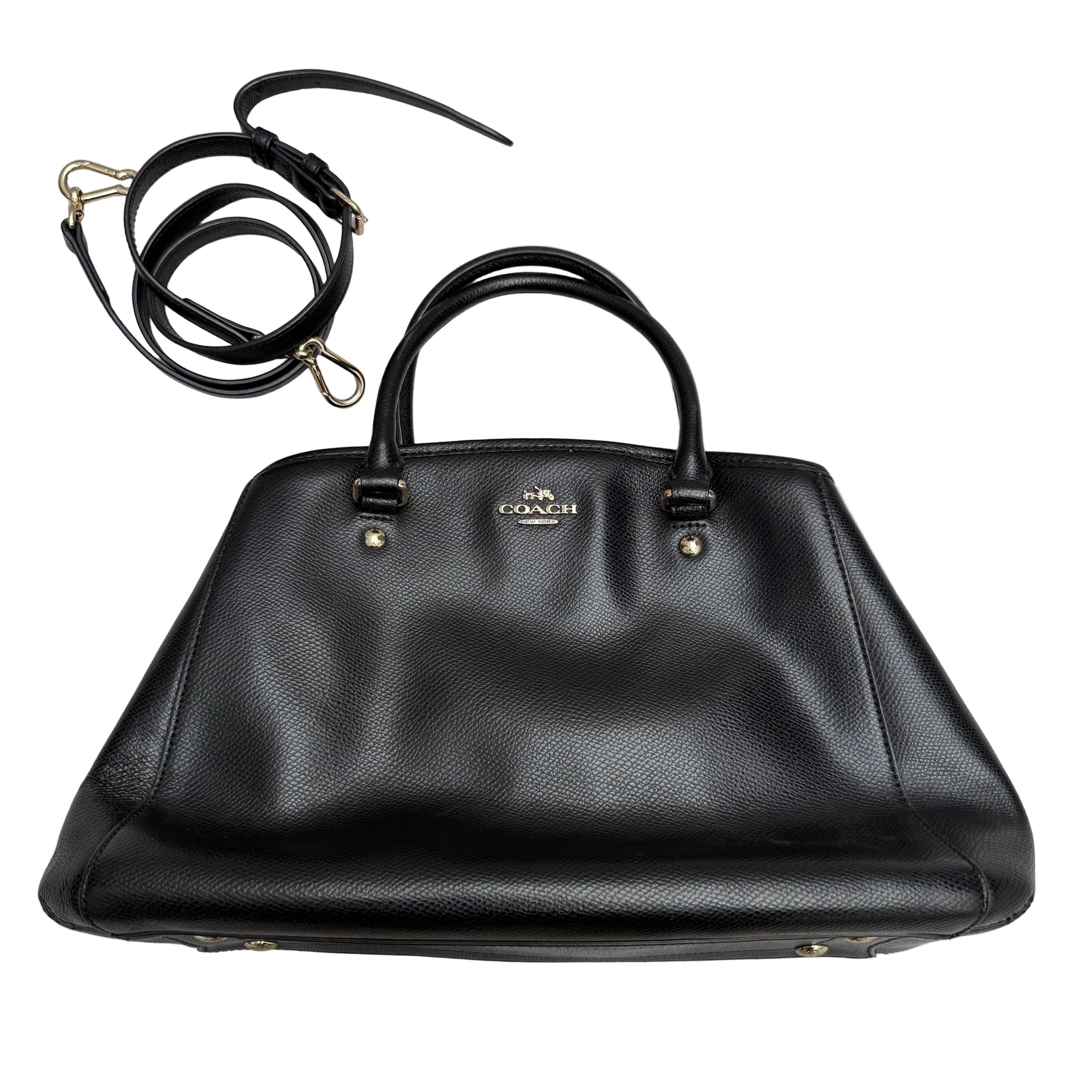 Coach Margot Carryall handbag in black pebbled leather with dual top handles and detachable shoulder strap