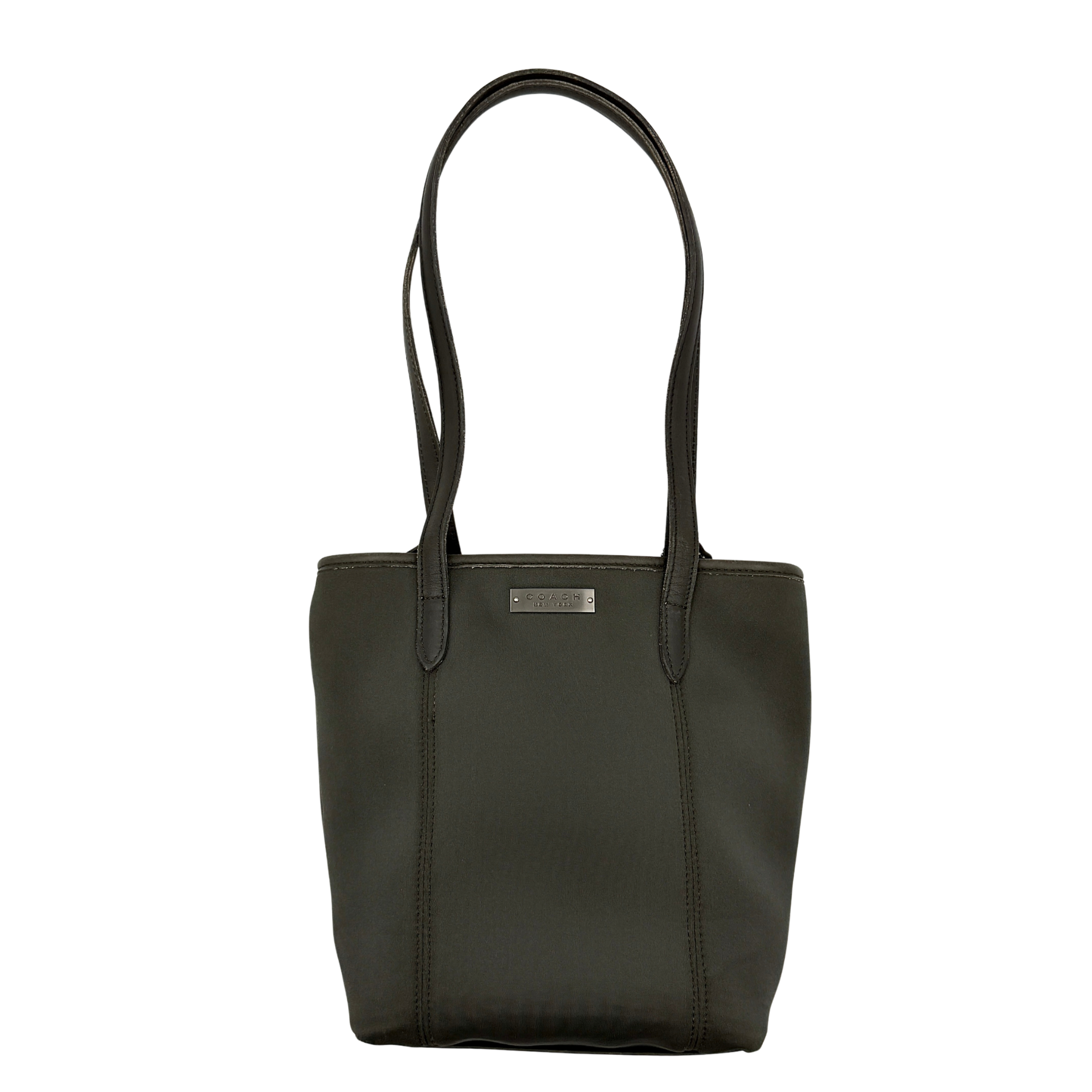 Coach New York neoprene tote bag in grey featuring a structured silhouette, logo plaque detail, long shoulder straps, and flat base.
