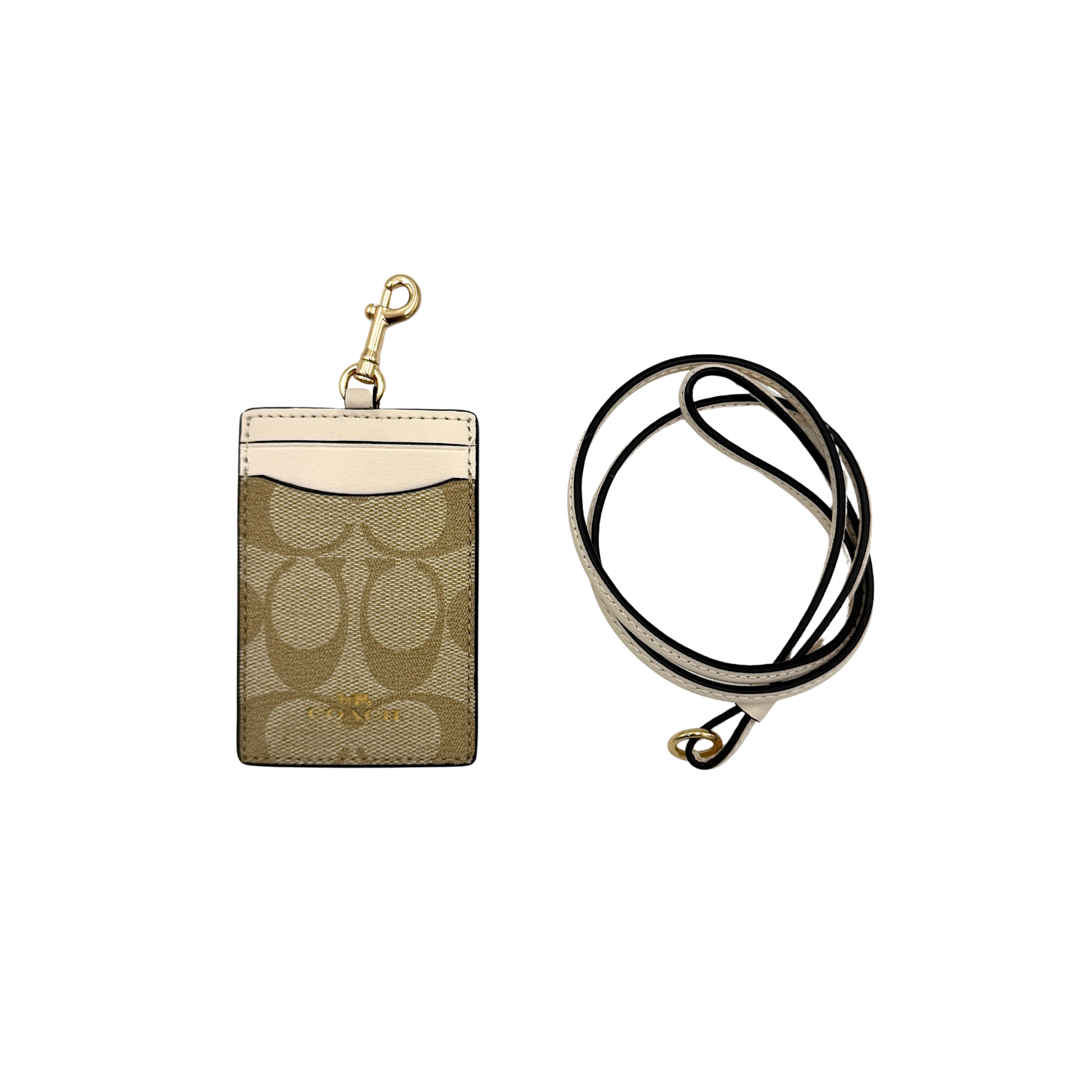 Coach Signature Canvas ID Lanyard in light khaki with signature pattern, gold-tone clip, and brown strap.