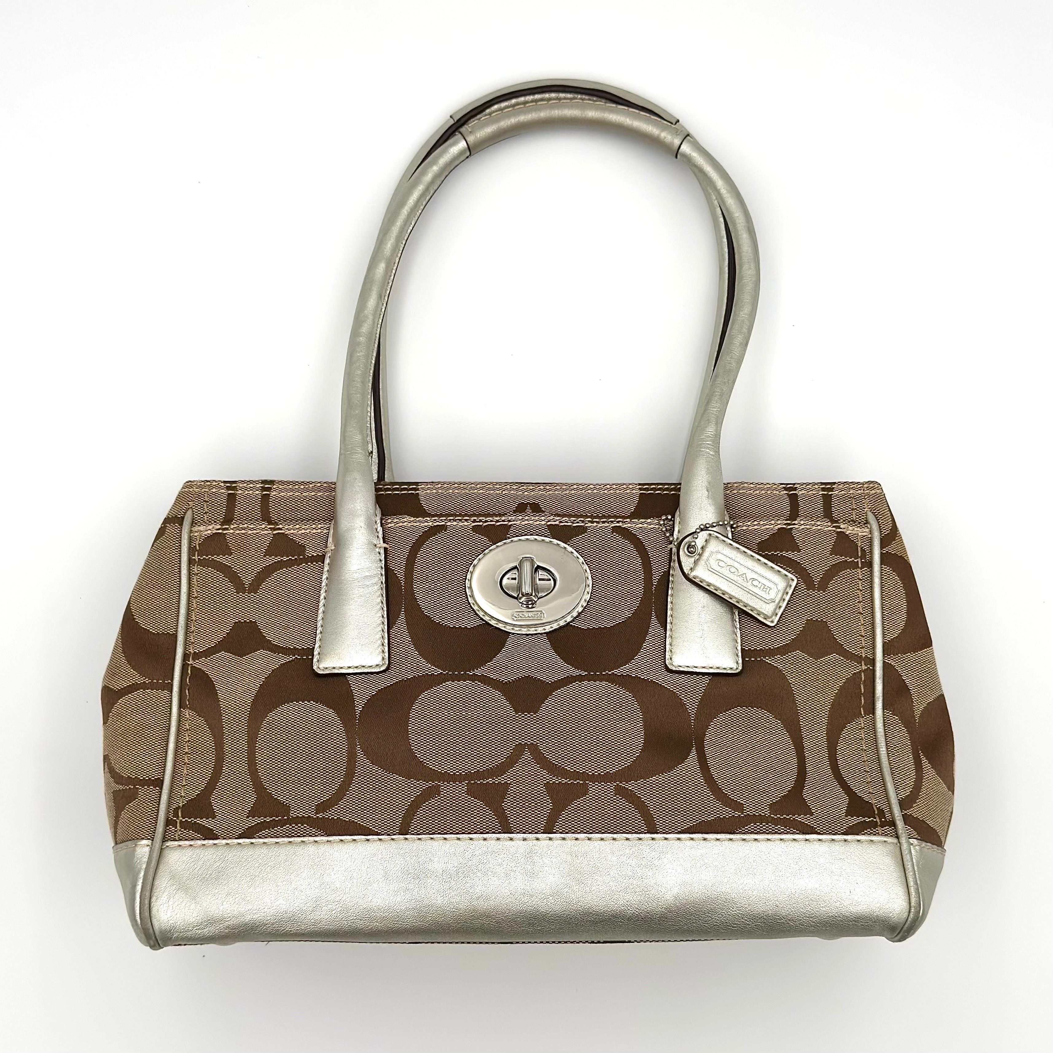 Coach Signature Hampton Madeline Handbag in beige jacquard canvas with silver leather trim and light green interior.