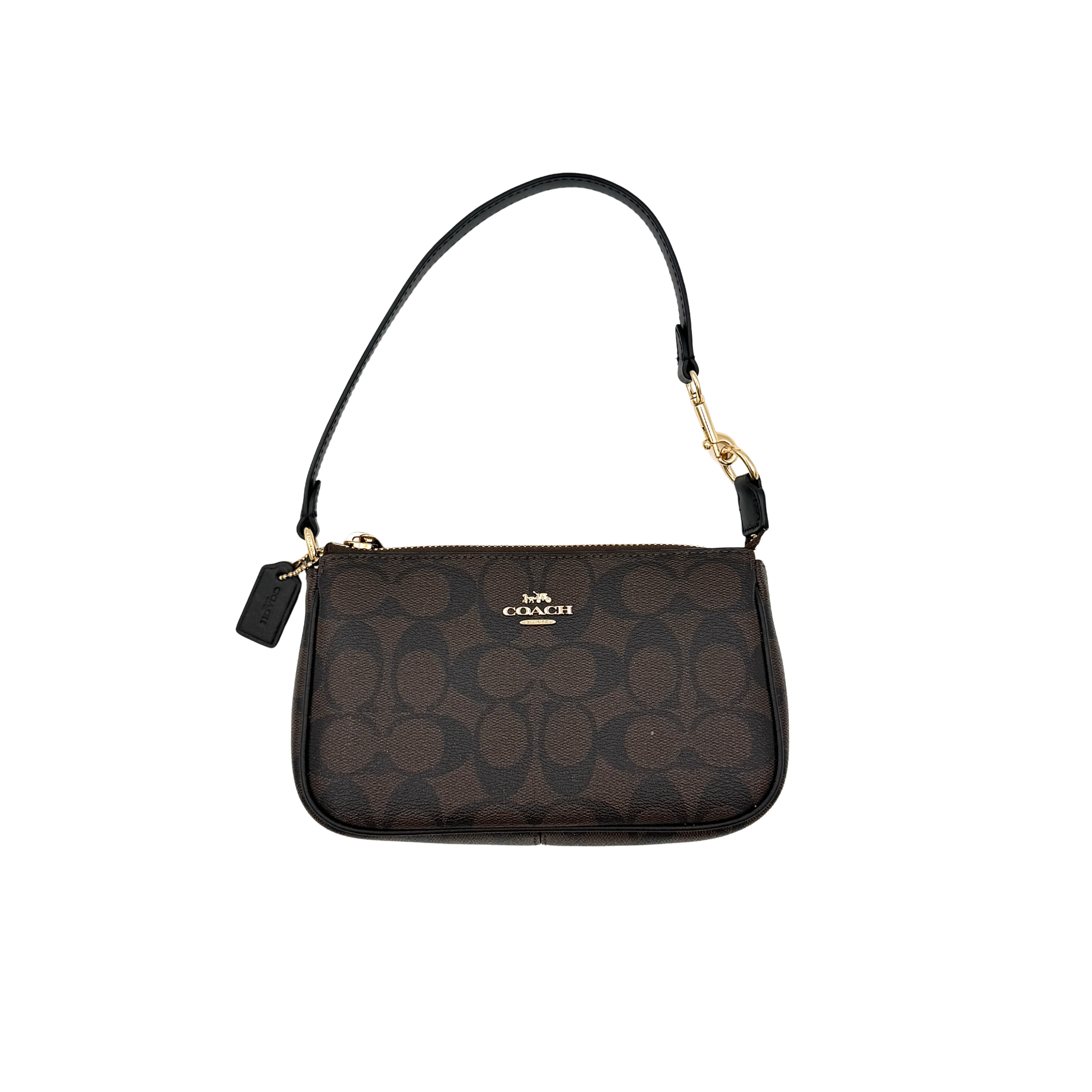 Coach Signature Nolita 19 Shoulder Bag in brown and black, featuring the signature pattern and sleek shoulder strap