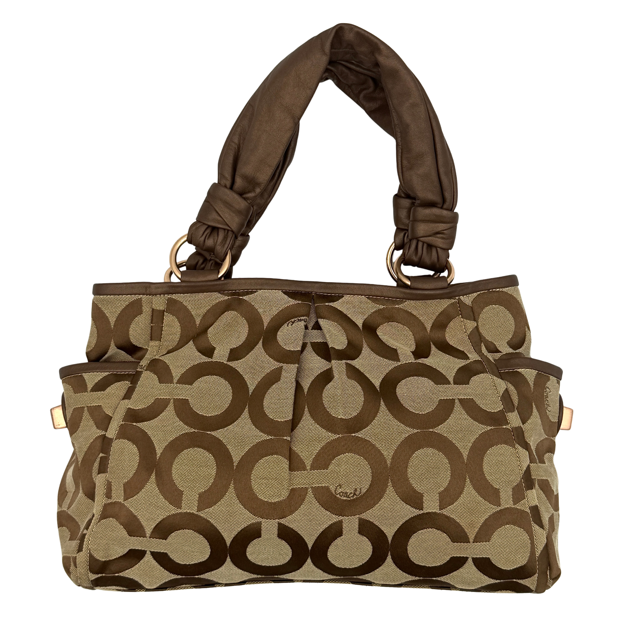 Coach Signature Op Art Parker hobo shoulder bag in brown and beige featuring signature canvas, knotted top handles, silver-tone hardware, and top zip closure.