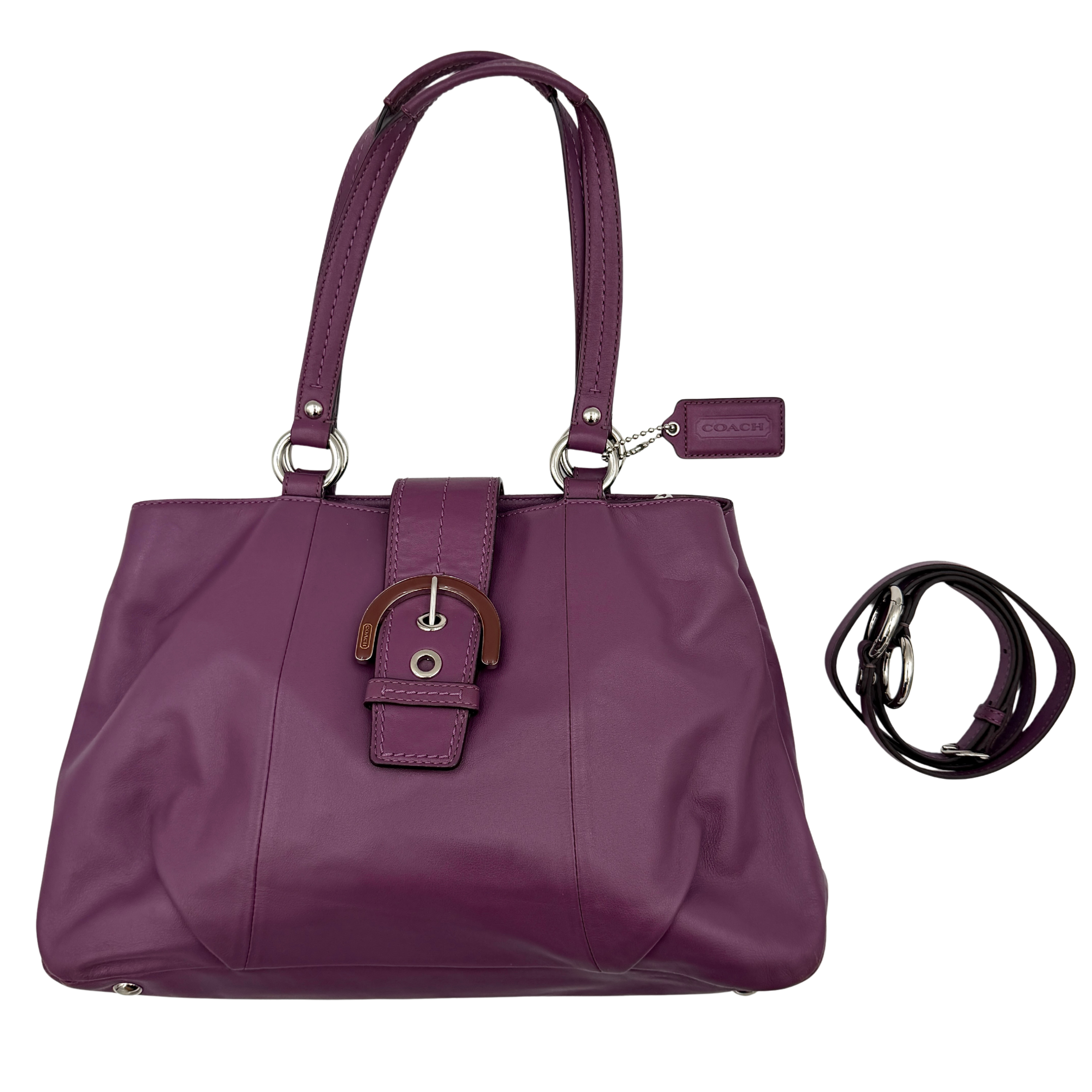 Coach purple Soho Buckle Shoulder Bag with dual straps, polished hardware, and front buckle detail