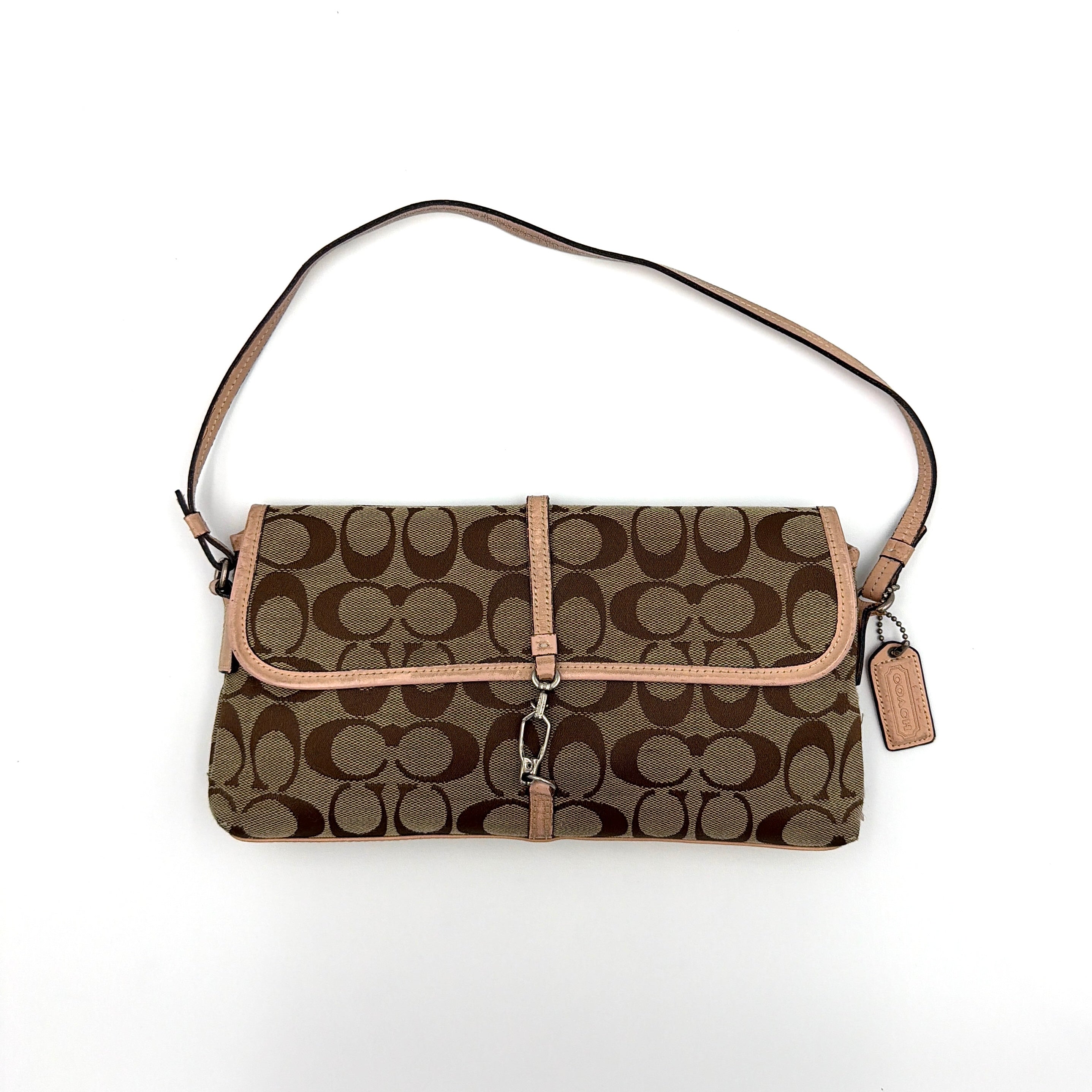 Coach Y2K Demi Clip Baguette Shoulder Bag in beige signature jacquard with blush leather trim and silver-tone clip closure, pre-loved luxury.