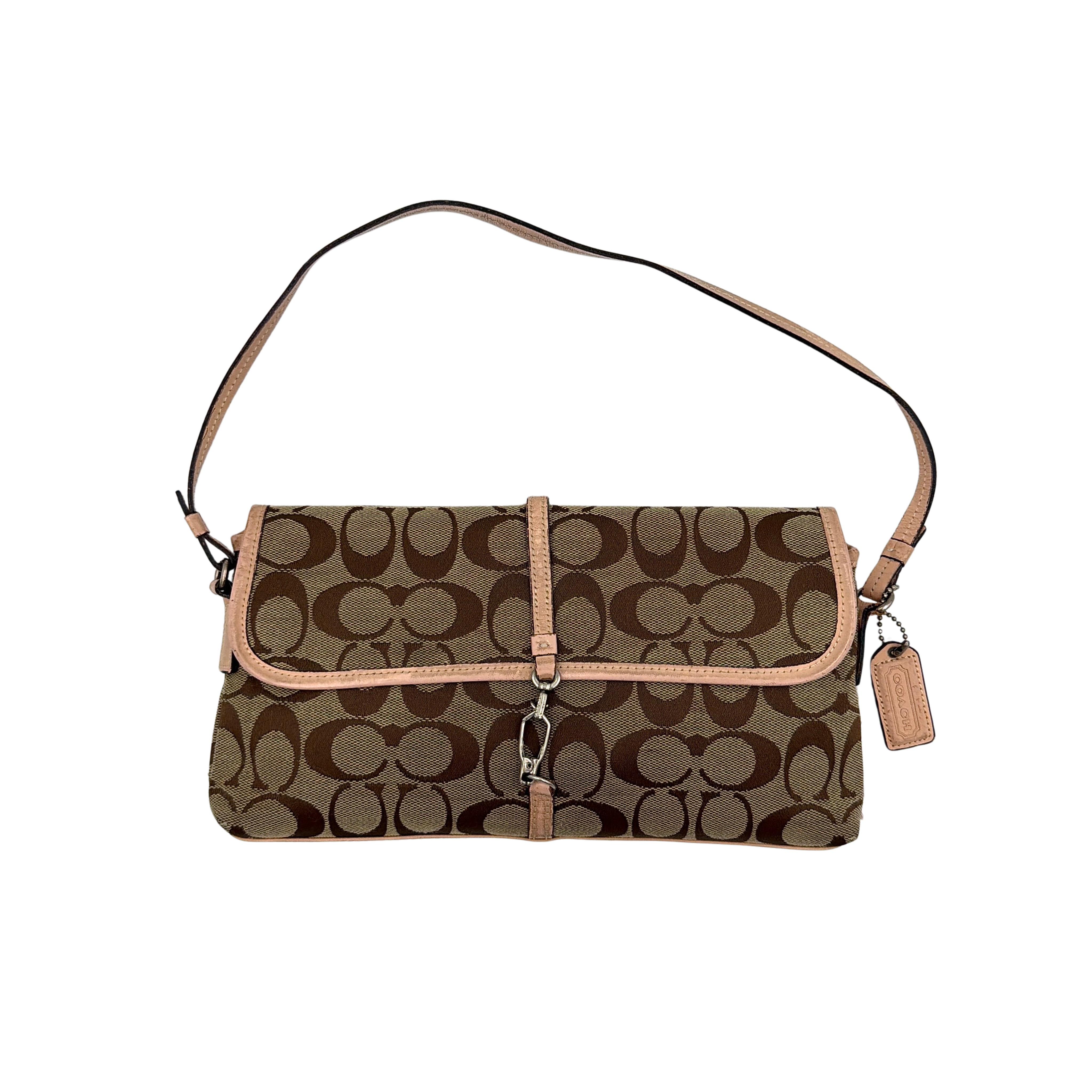 Coach Y2K Demi Clip Baguette Shoulder Bag in beige and tan with logo pattern and leather trim.