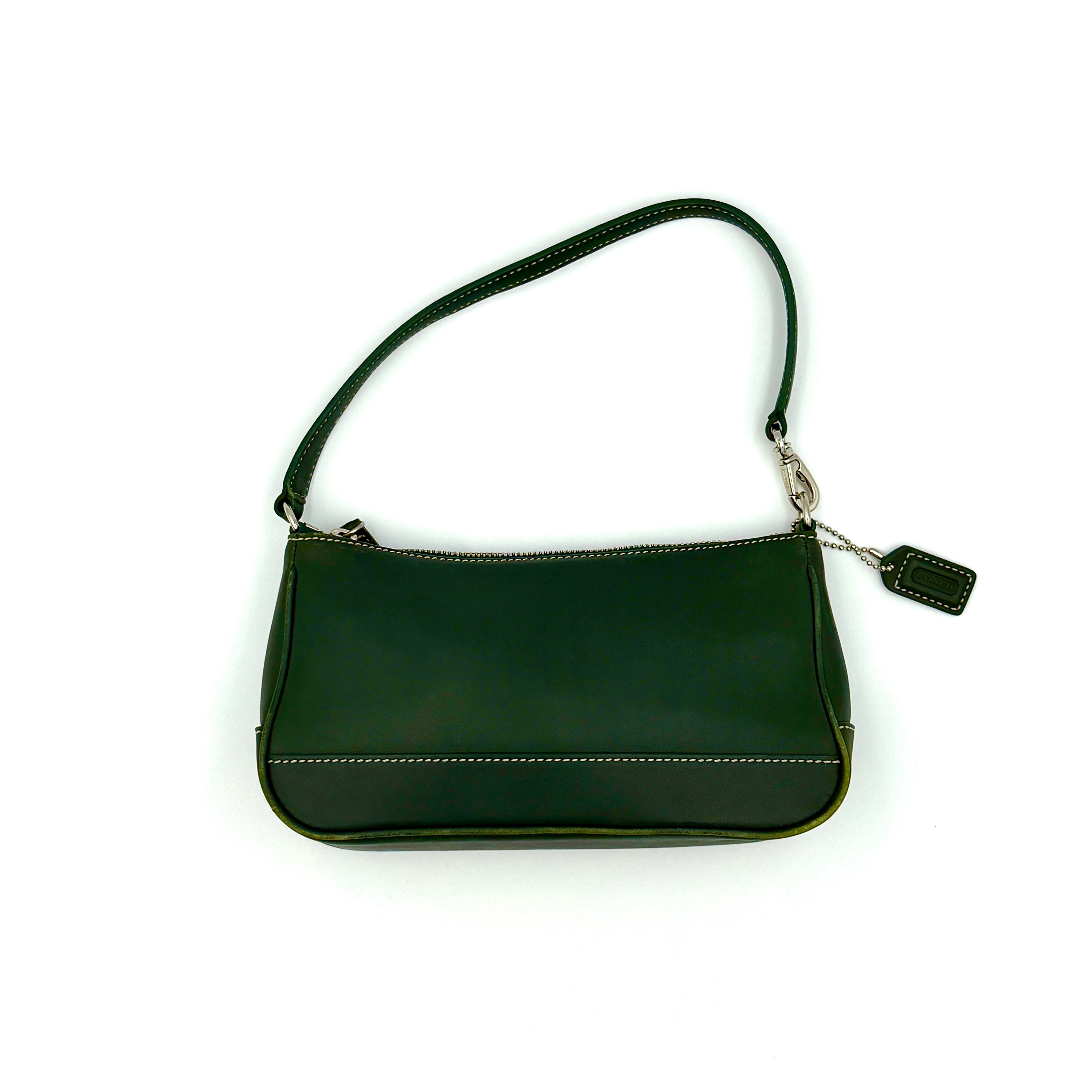 Coach Y2K Demi Shoulder Bag in smooth green leather with contrast stitching and zip-top closure.