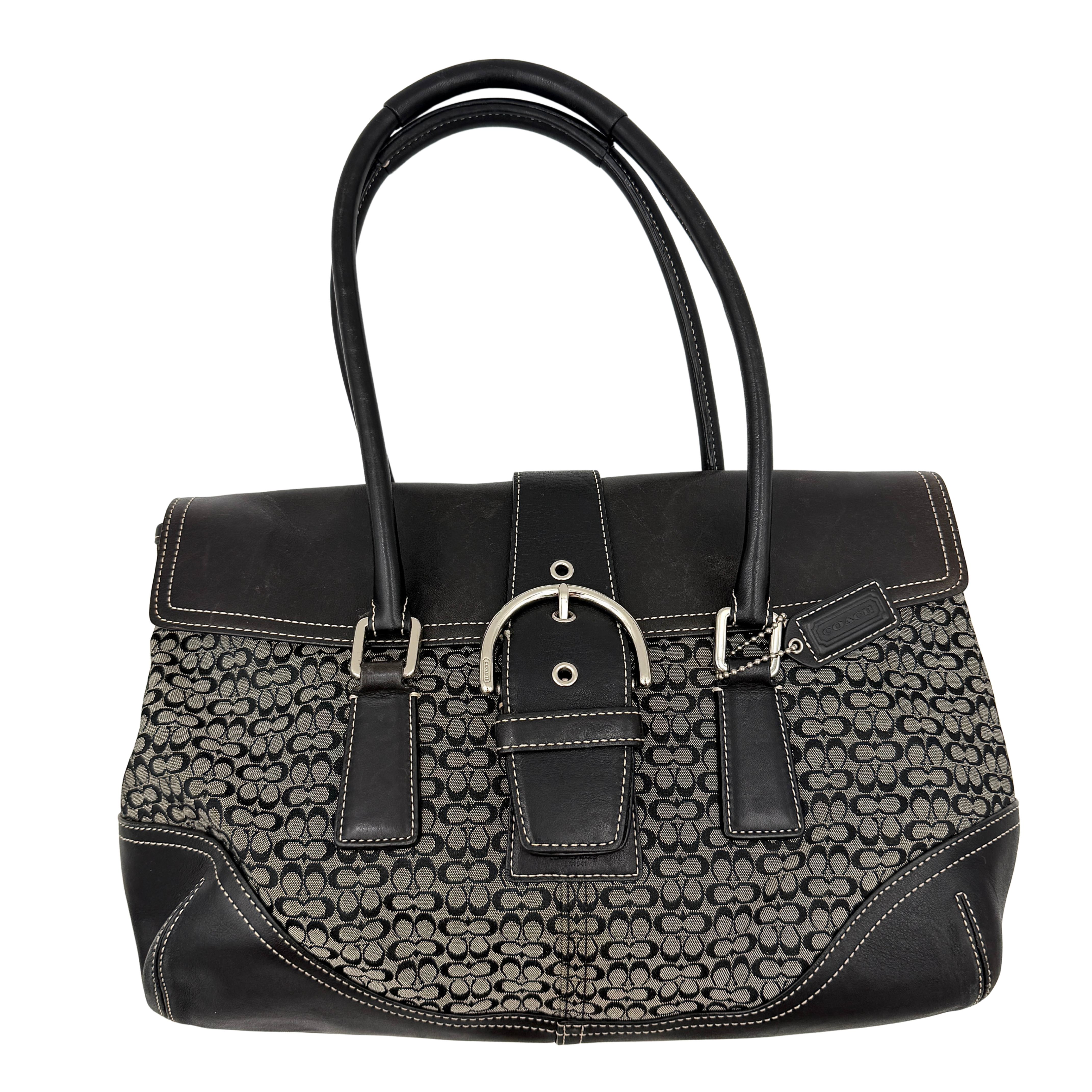 Coach Y2K Demi shoulder bag in black and grey signature jacquard with black leather trim and silver-tone hardware, shown from front and angled views.