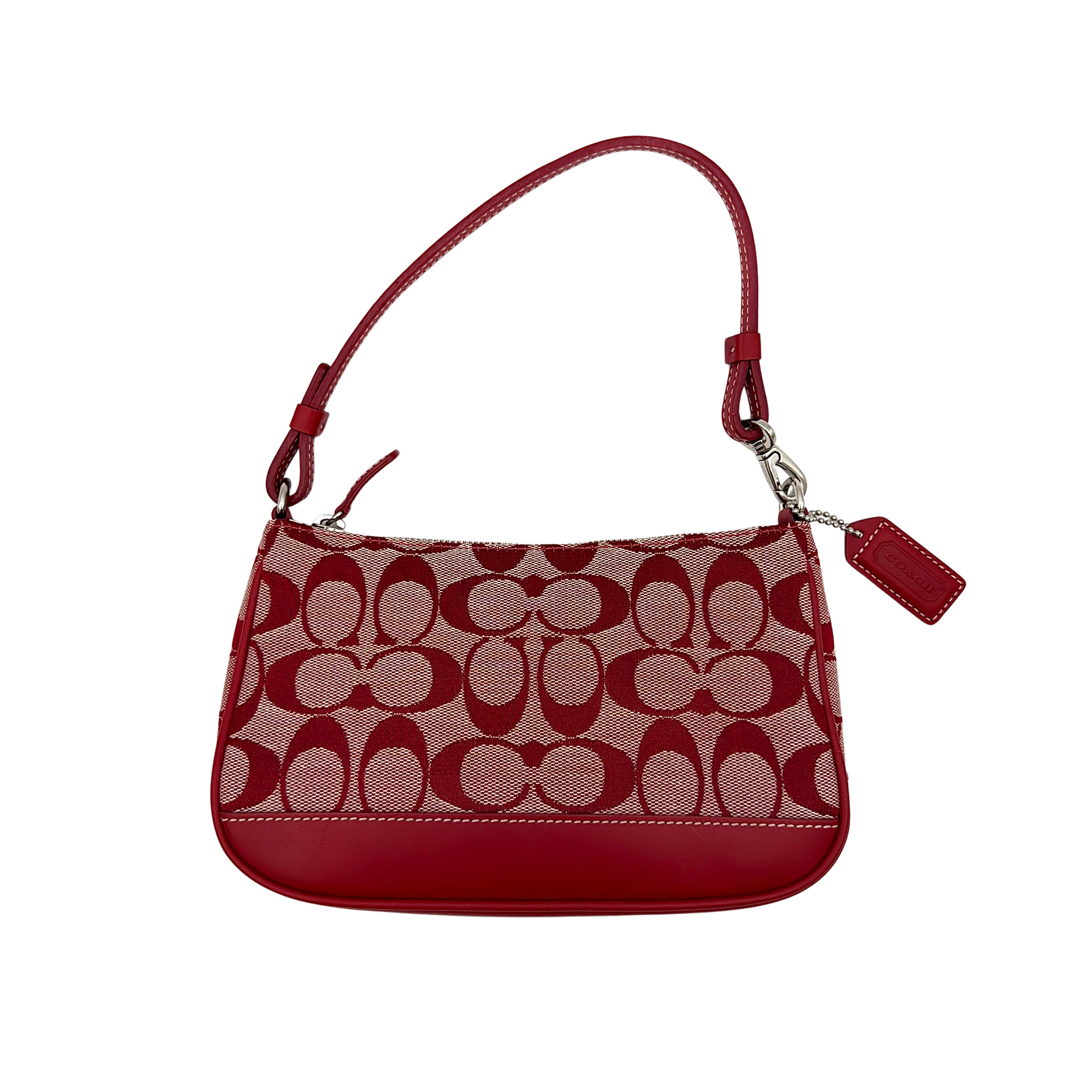 Coach Y2K Demi shoulder bag in red signature jacquard with red leather trim and zip-top closure, shown with hangtag and side details.