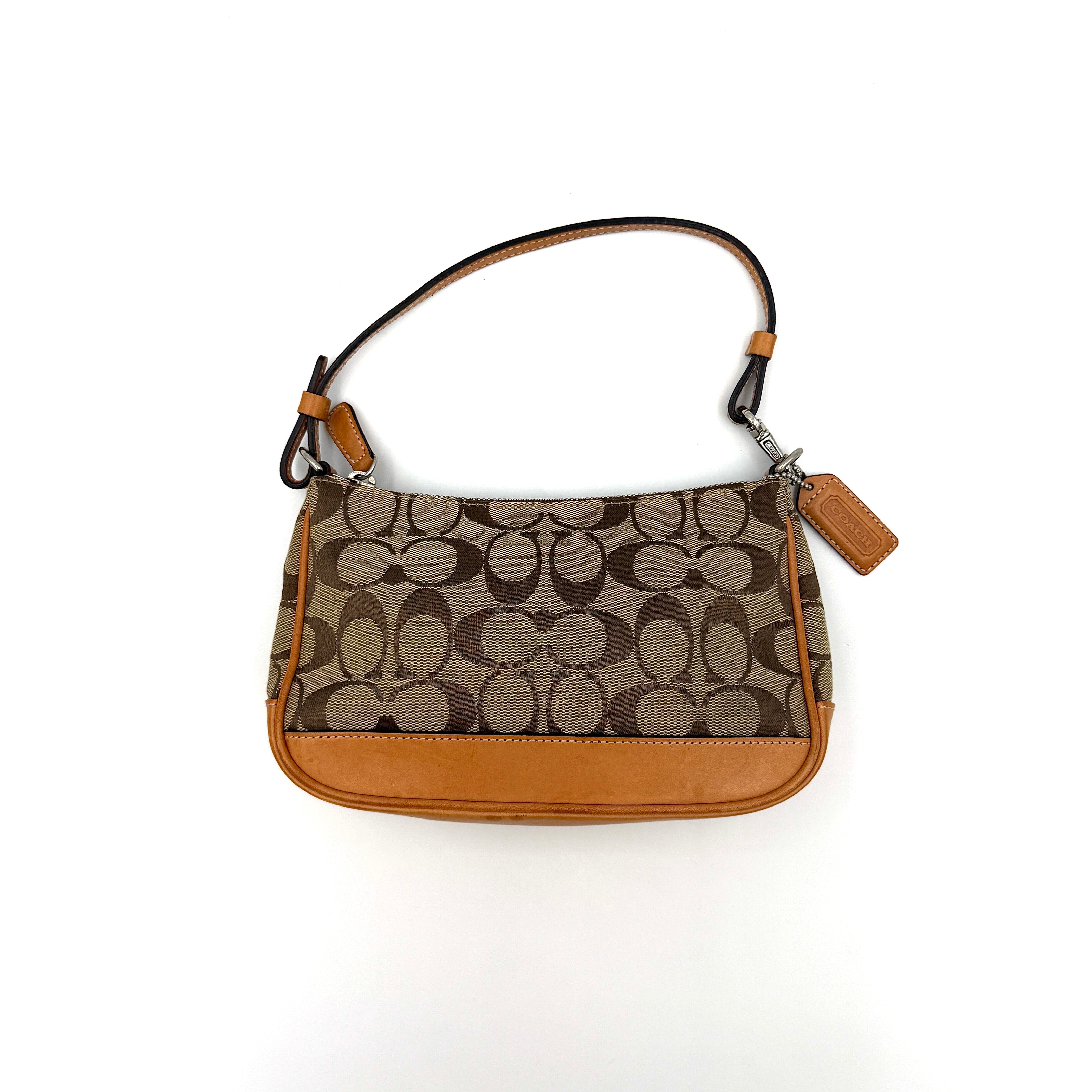 Coach Y2K Demi Shoulder Bag in tan signature canvas with leather trim and silver-tone hardware.