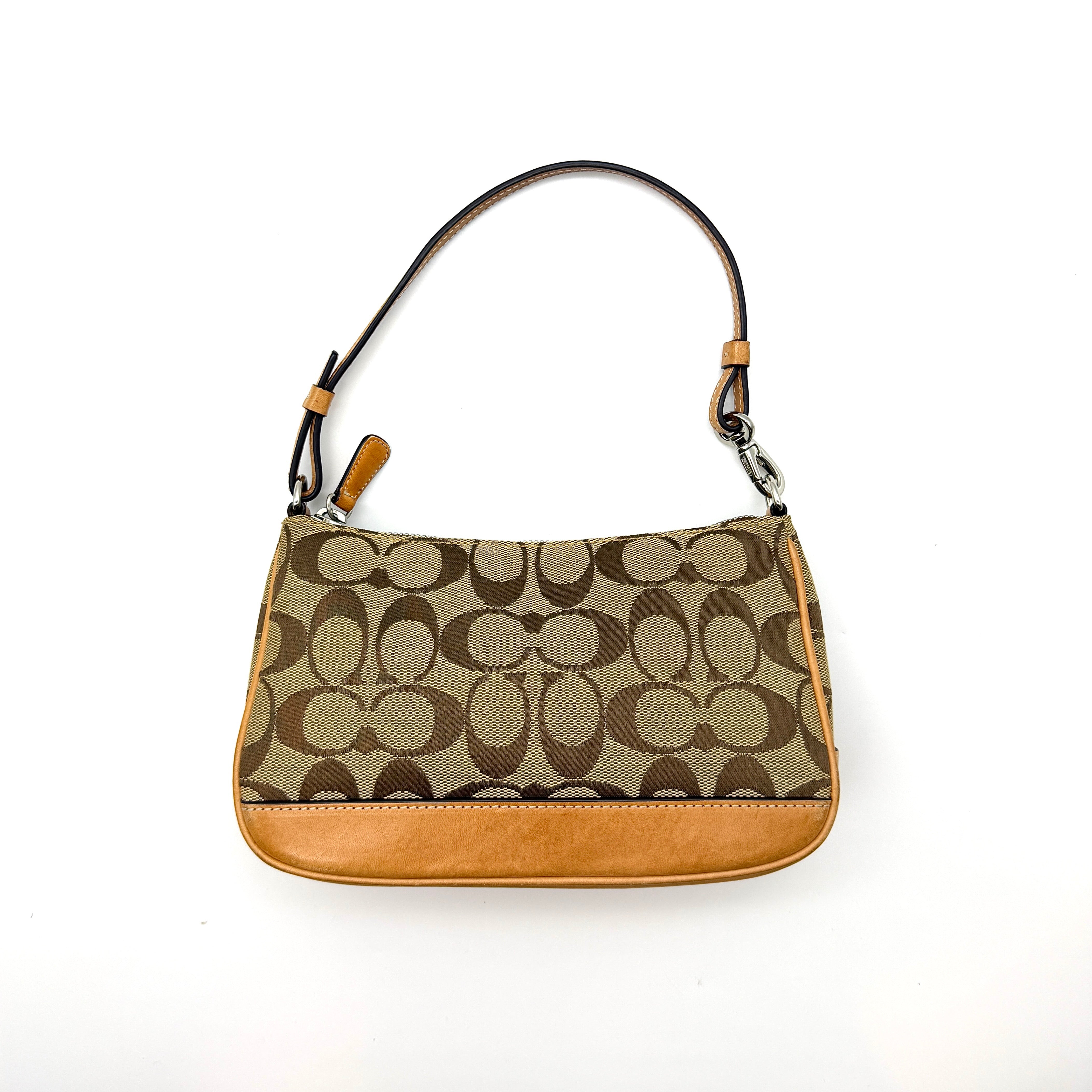Coach Y2K Demi Shoulder Bag in tan signature jacquard canvas with leather trim and orange fabric interior